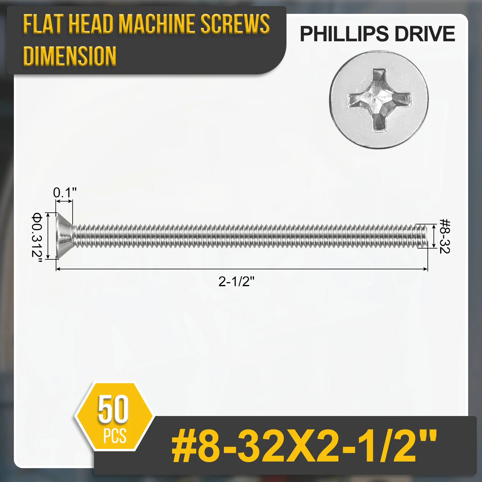 #8-32x2-1/2" Flat Head Machine Screws -50pcs -304 Stainless Steel -Silver - Image 2
