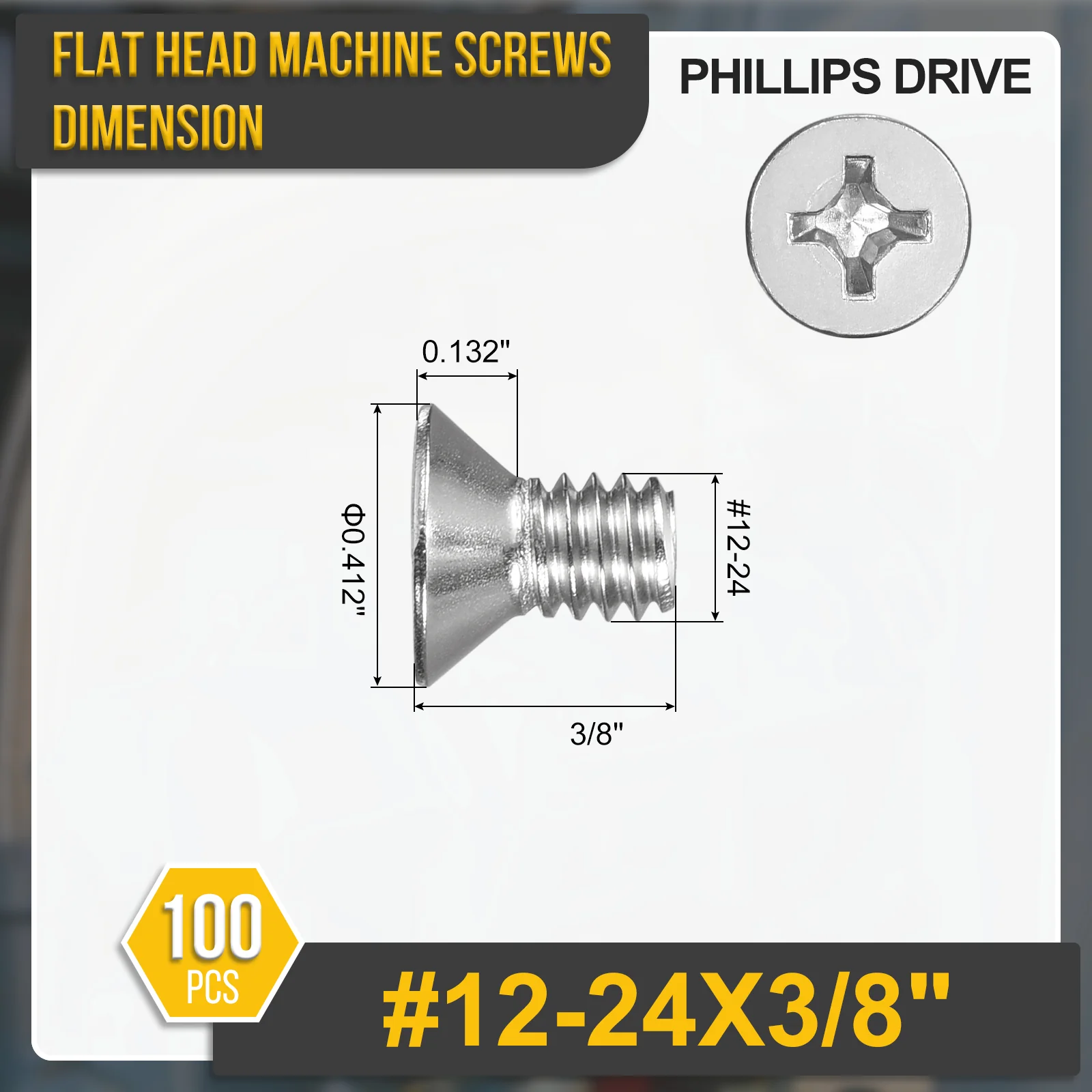 #12-24x3/8" Flat Head Machine Screws -100pcs -304 Stainless Steel -Silver - Image 2
