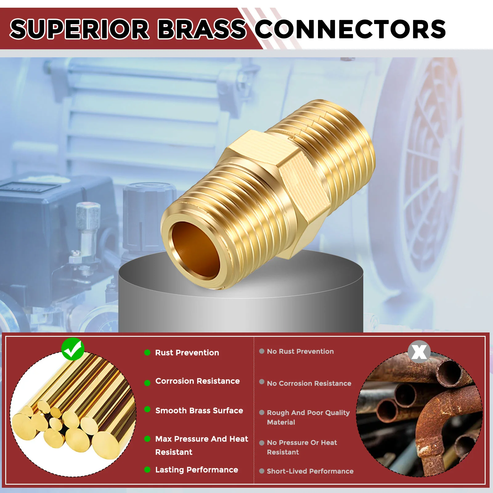 Pack of 12, 1/8" MNPT to 1/8" MNPT Solid Brass Hex Nipple Hose Connectors - Image 5