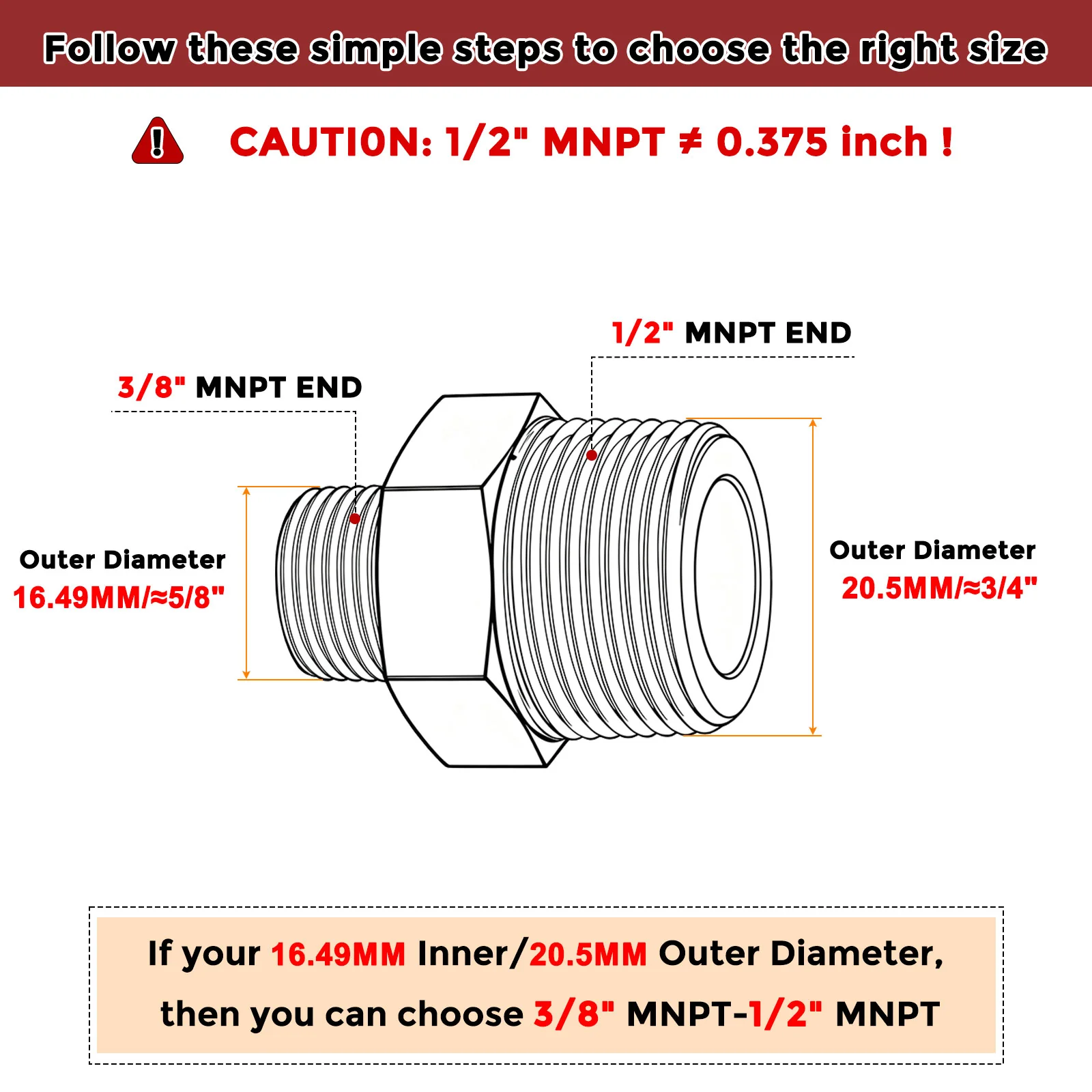 Packs of 5, 1/2" Male NPT To 3/8" Male NPT Stainless Steel Hose Adapters - Image 2