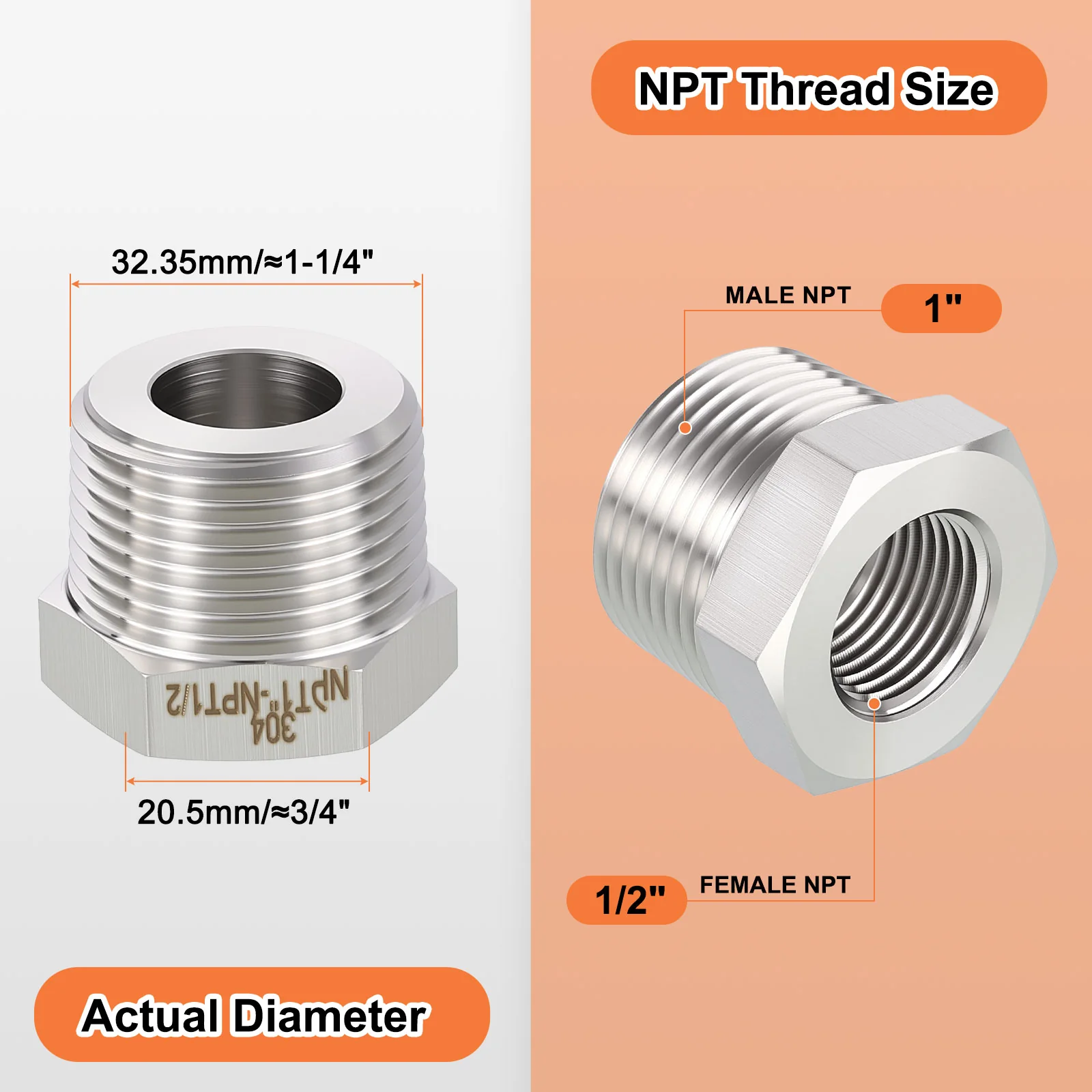 3Packs Stainless Male to FeMale Adapters, 1" MNPT x1/2" FNPT Hex Bushing Reducer - Image 2