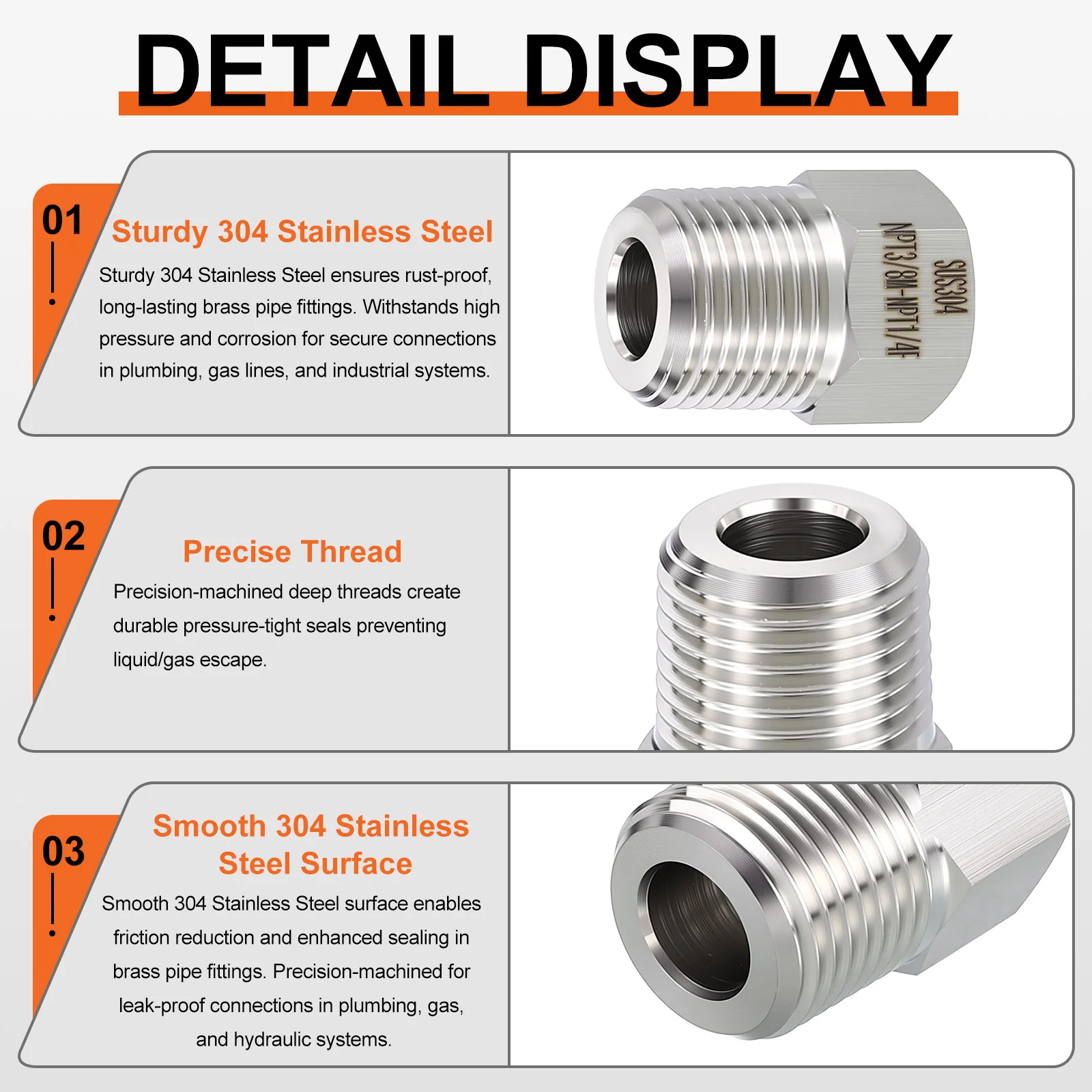 5Packs Stainless Male to FeMale Adapters, 1/2"MNPT x3/8"FNPT Hex Bushing Reducer - Image 4