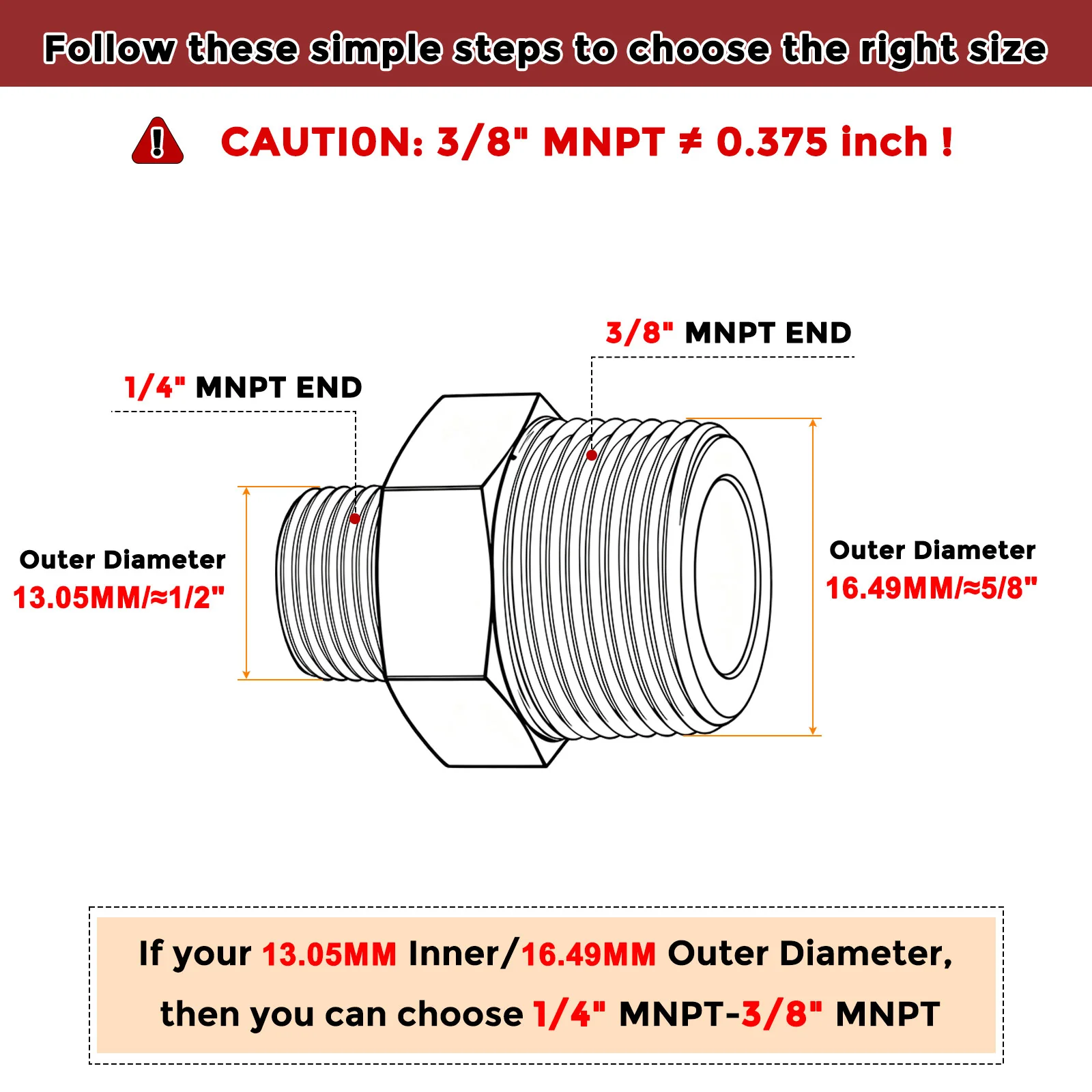 Pack of 2, 3/8" MNPT To 1/4" MNPT Stainless Steel Hose Adapter with Sealing Tape - Image 2