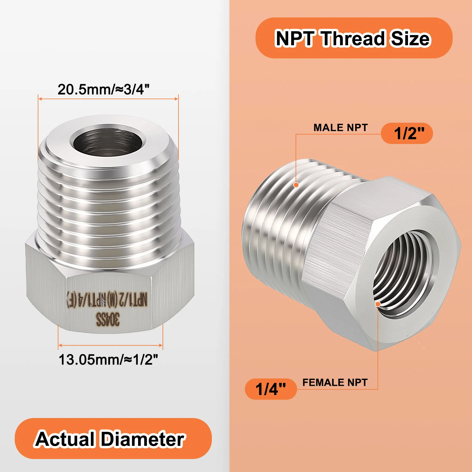 15Packs Stainless Male to FeMale Adapters, 1/2"MNPT x1/4"FNPT Hex Bushing W/Tape - Image 2