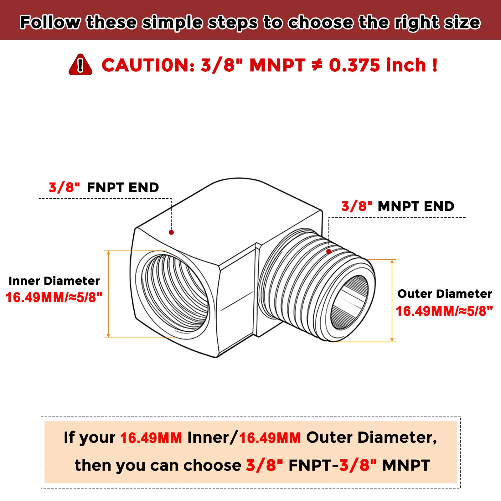 Packs of 2, 90° 3/8" FNPT to 3/8" MNPT Solid Stainless Elbows W/ Sealing Tapes - Image 2