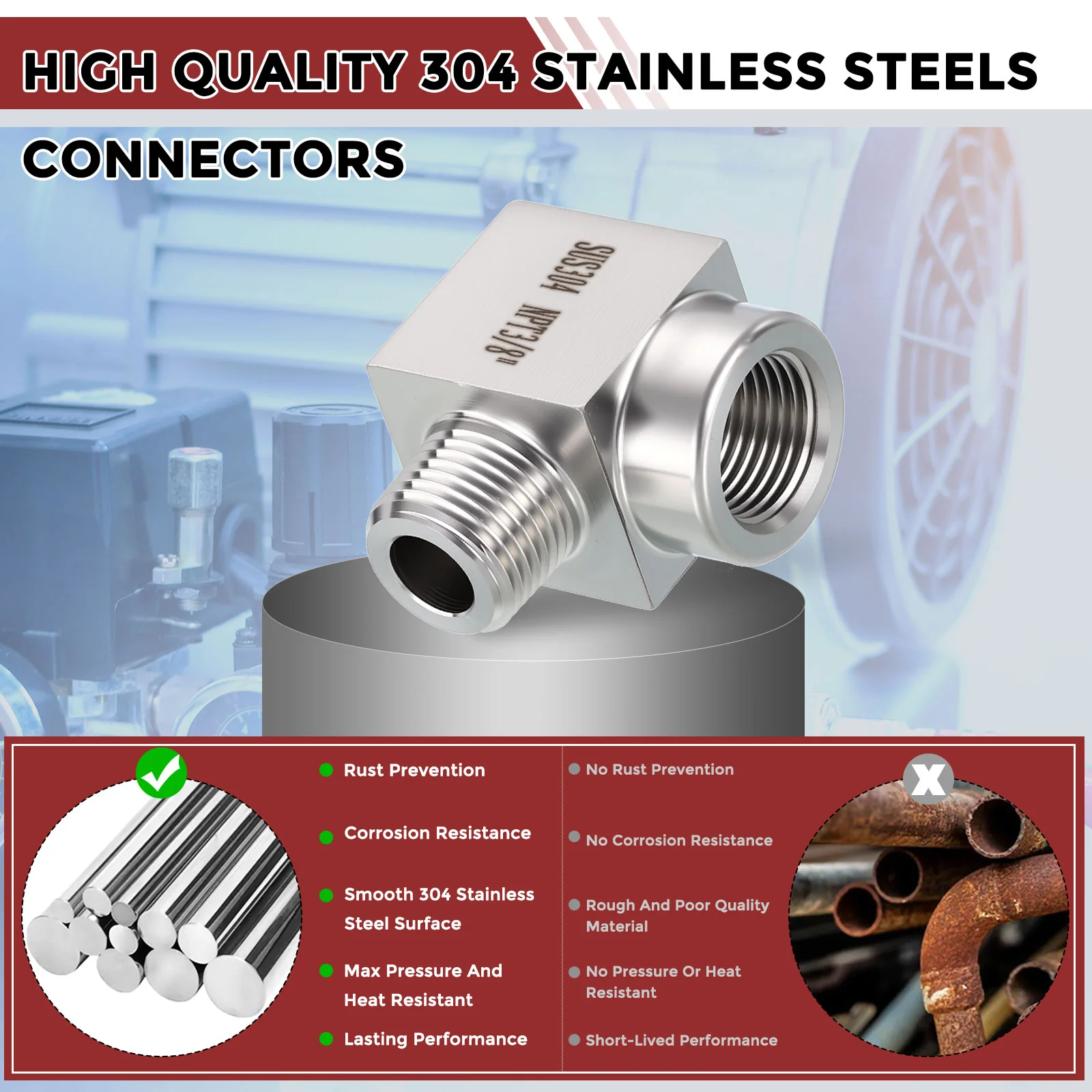 Packs of 2, 90° 3/8" FNPT to 3/8" MNPT Solid Stainless Elbows W/ Sealing Tapes - Image 5