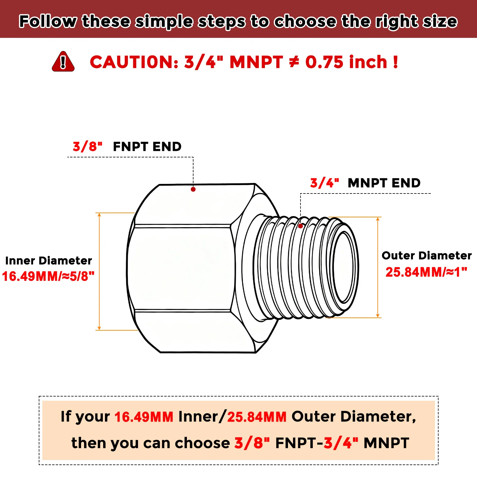 Pack of 2, 3/4" FNPT to 3/8" MNPT Stainless Steel Hose Adapter with Sealing Tape - Image 2