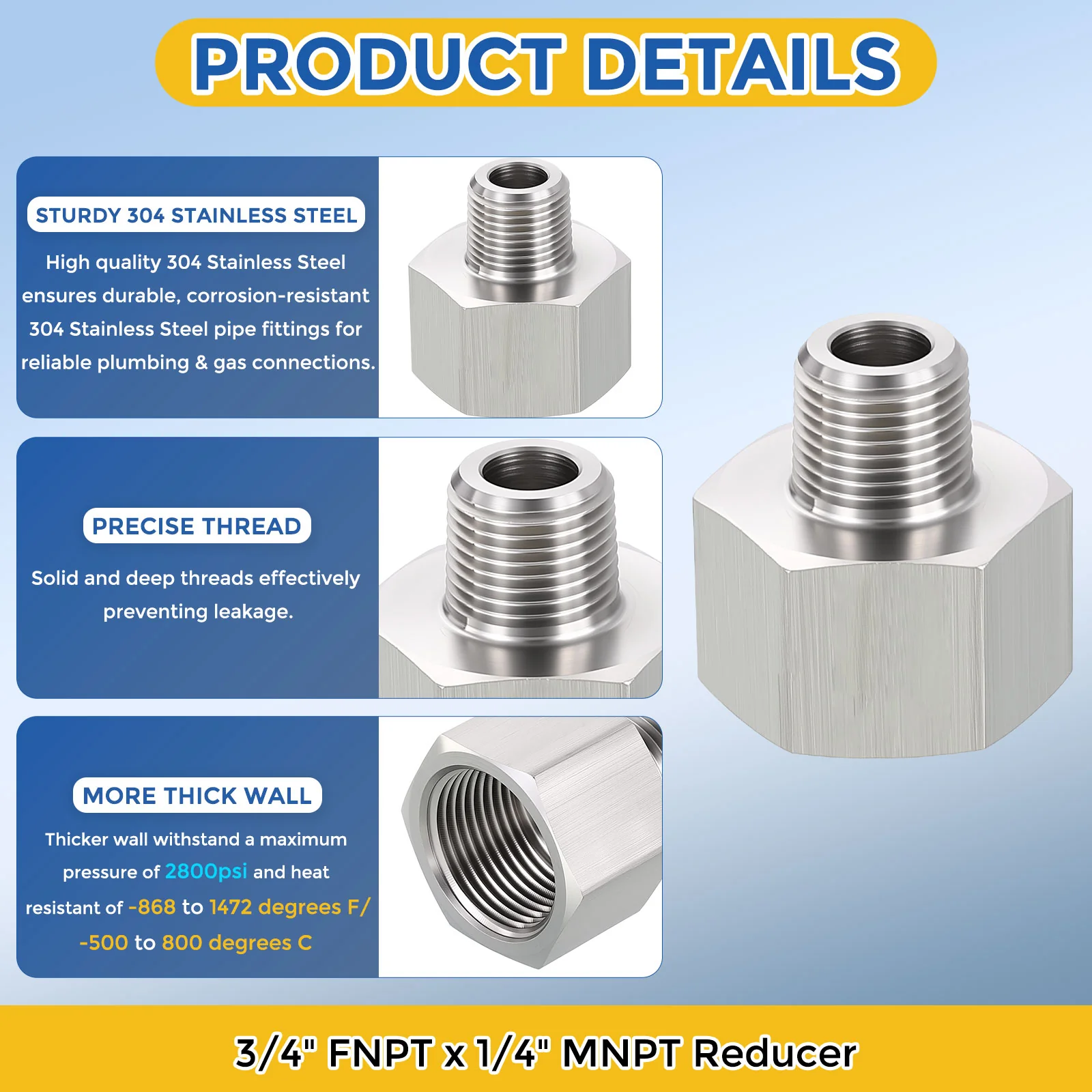 2 Pack 304 Stainless Pipe Fitting, 3/4" FNPT x 1/4" MNPT Reducer W/ Sealing Tape - Image 4