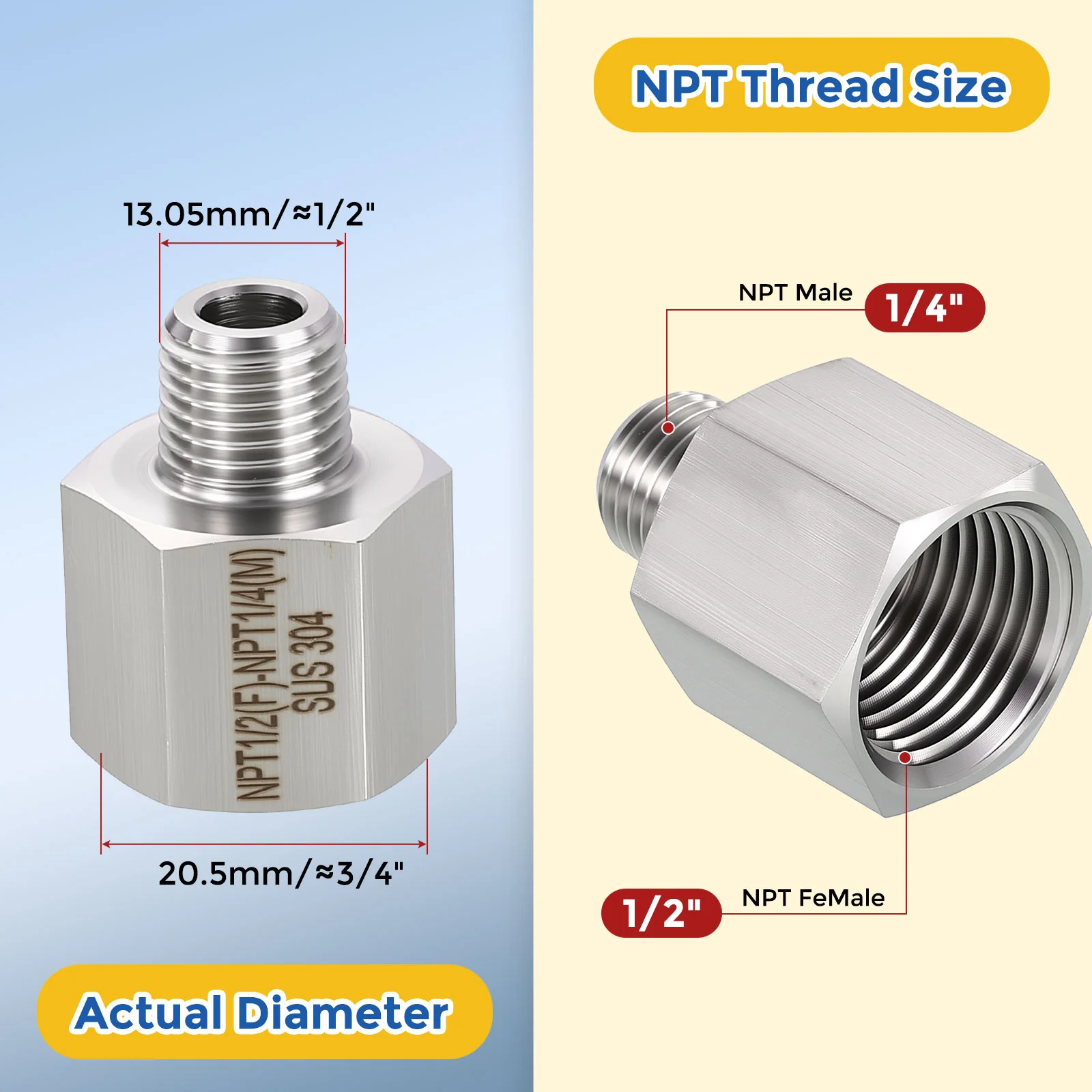 5 Pack 304 Stainless Pipe Fitting, 1/2" FNPT x 1/4" MNPT Reducer W/ Sealing Tape - Image 2
