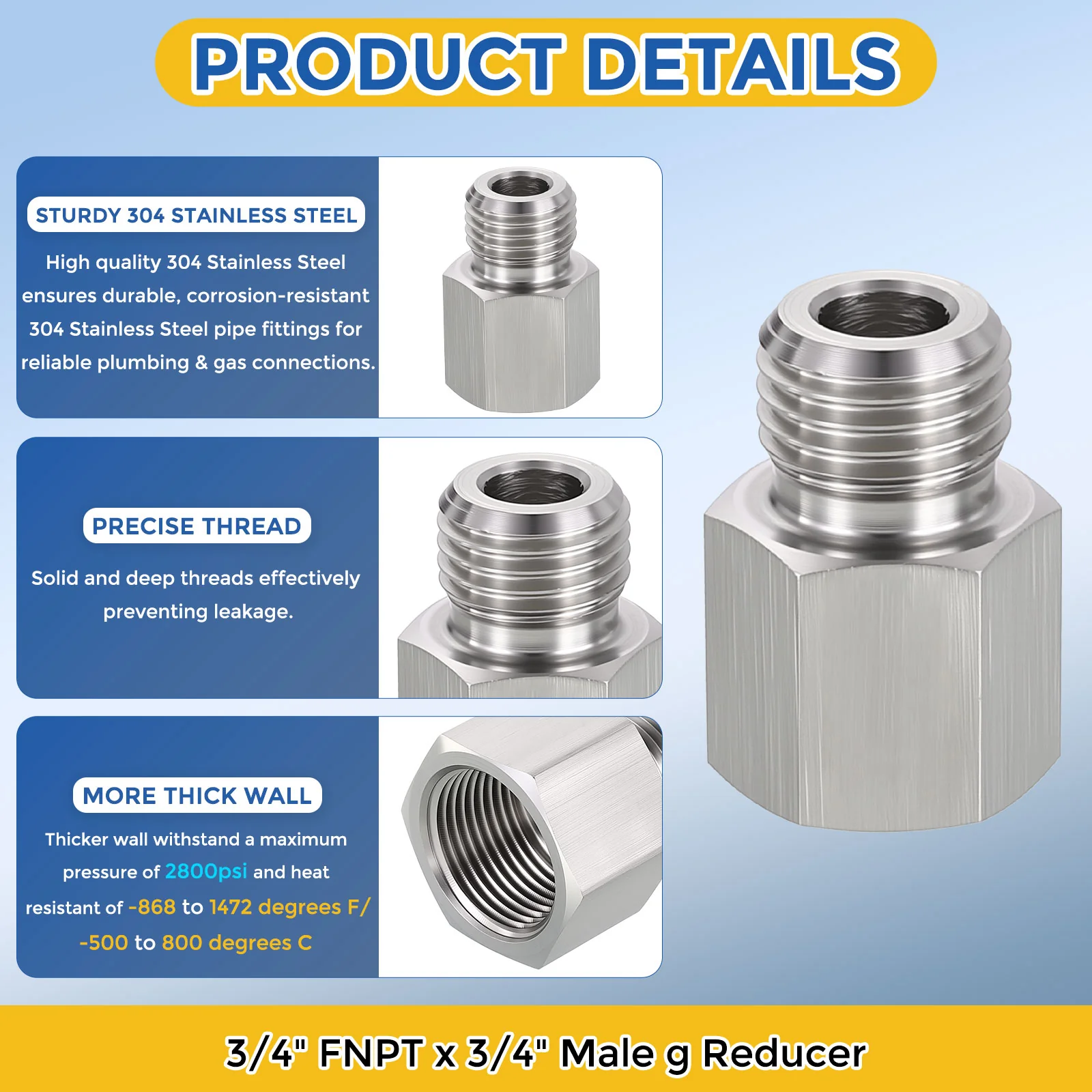 2Pack 304 Stainless Pipe Fitting, 3/4" FNPT x 3/4" Male G Reducer W/Sealing Tape - Image 4
