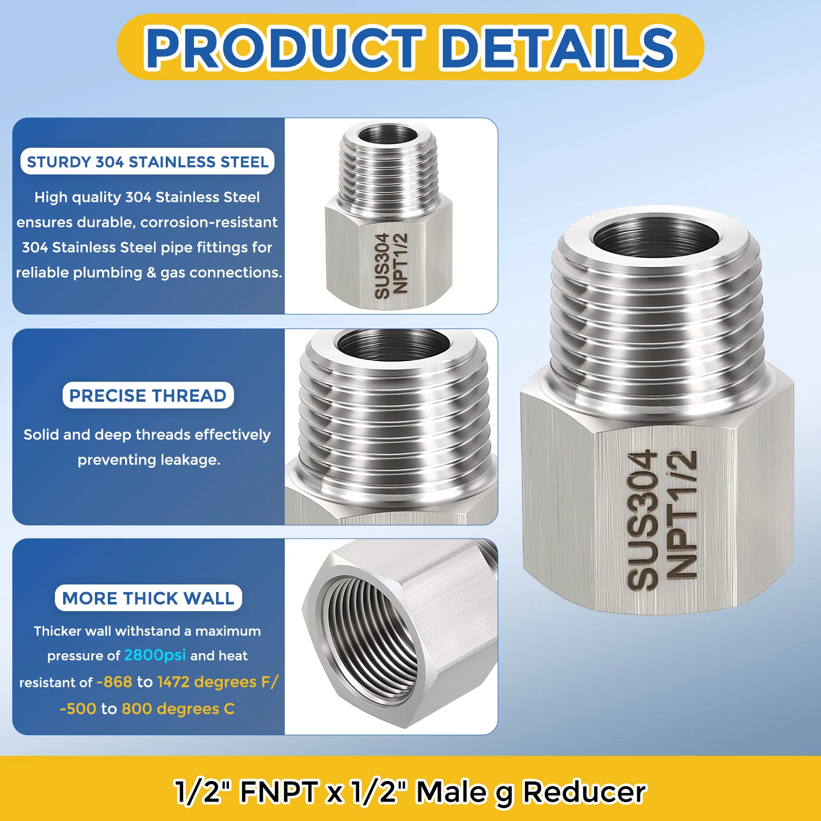 2Pack 304 Stainless Pipe Fitting, 1/2" FNPT x 1/2" Male G Reducer W/Sealing Tape - Image 4