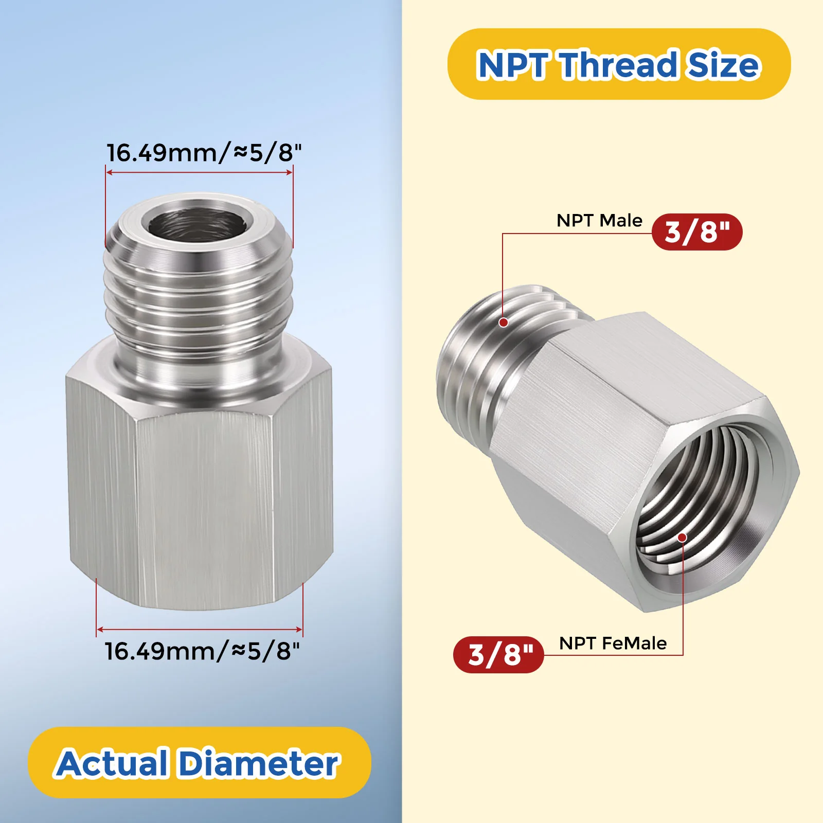 2 Pack 304 Stainless Pipe Fitting, 3/8" FNPT x 3/8" MNPT Reducer W/ Sealing Tape - Image 2
