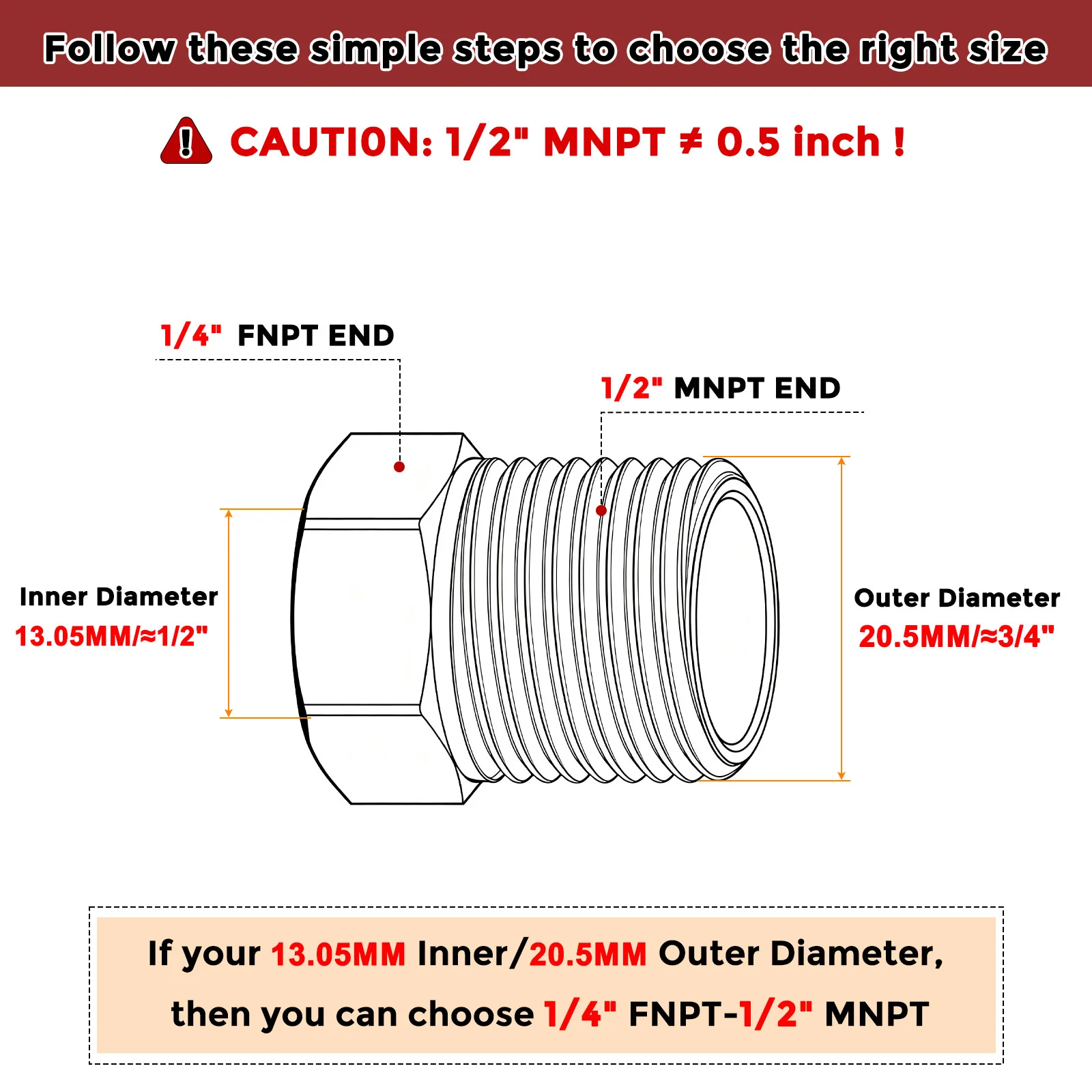 Packs of 6, 1/2"Male NPT to 1/4"FeMale NPT Stainless Steel Hose Adapters Bushing - Image 2