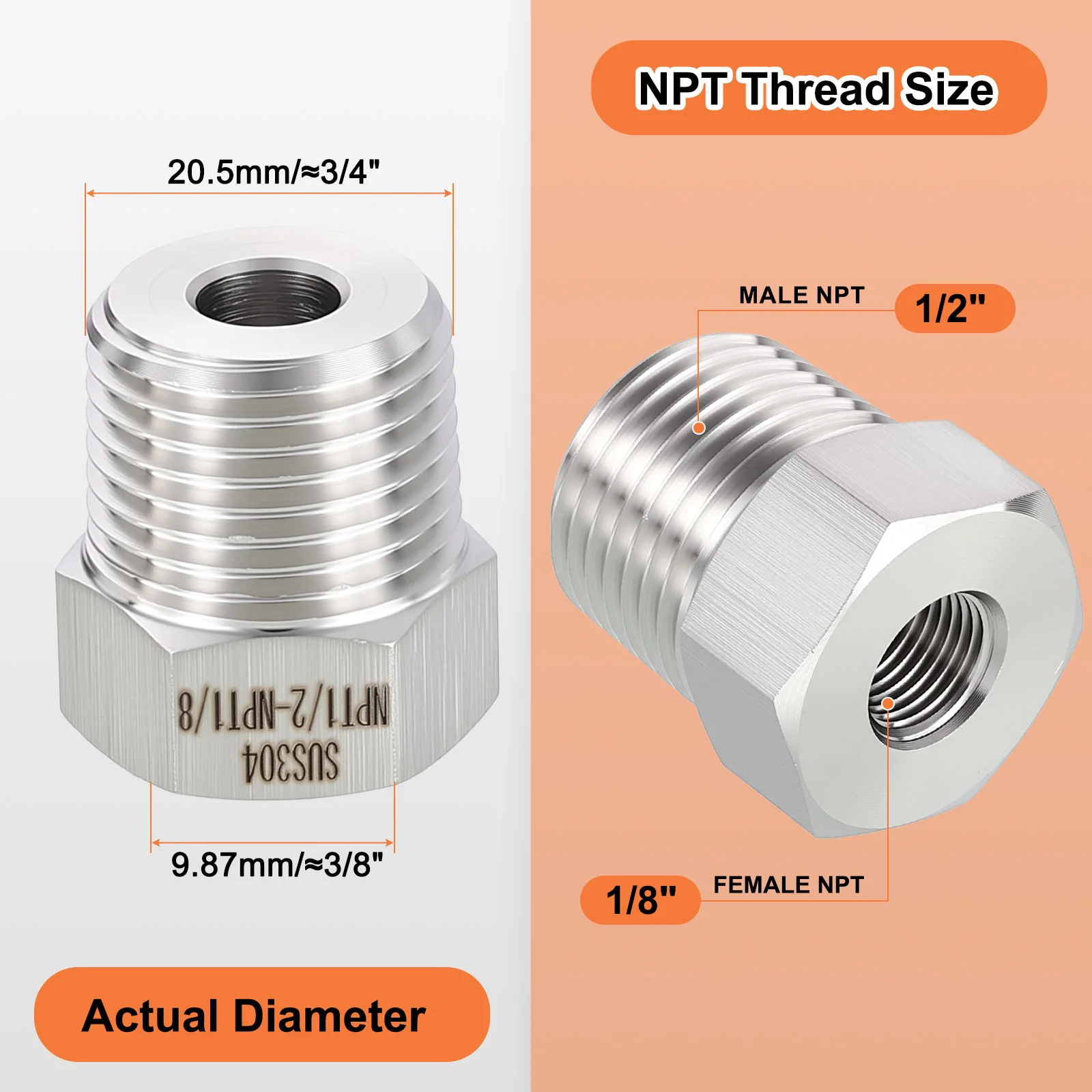 6 Pack 304 Stainless Male to FeMale Adapter, 1/2" Male NPT x 1/8" FeMale NPT - Image 2