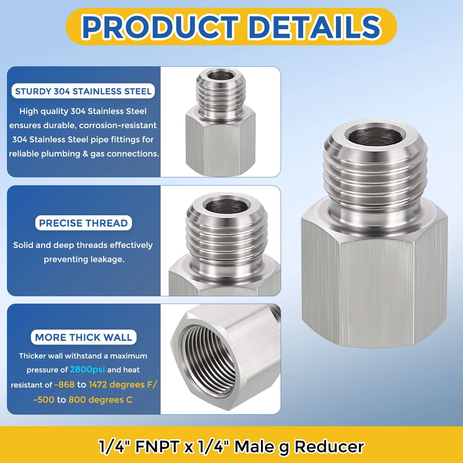 2Pack 304 Stainless Pipe Fitting, 1/4" FNPT x 1/4" Male G Reducer W/Sealing Tape - Image 4