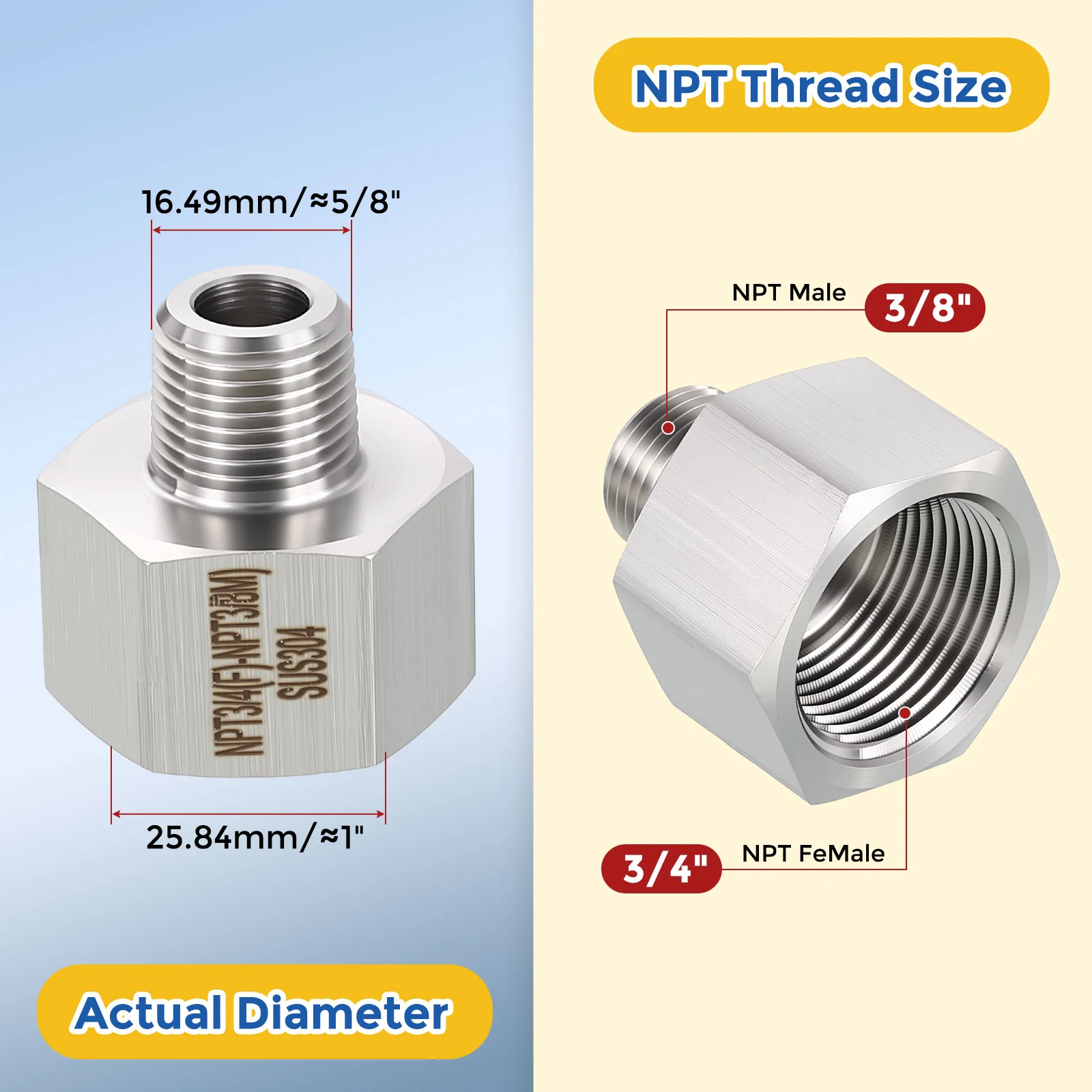 2 Pack 304 Stainless Pipe Fitting, 3/4" FNPT x 3/8" MNPT Reducer W/ Sealing Tape - Image 2