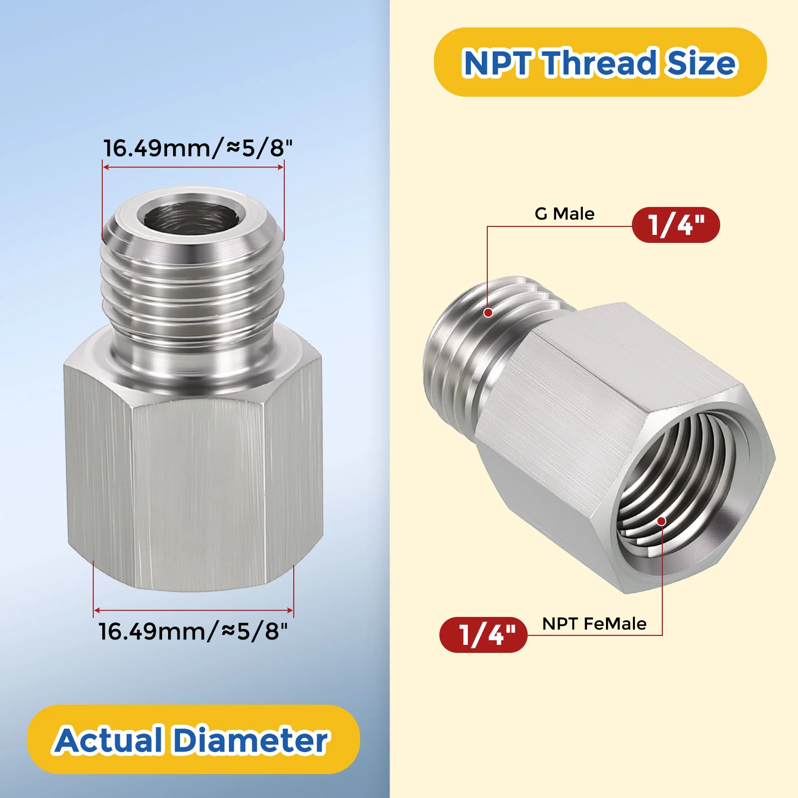 5Pack 304 Stainless Pipe Fitting, 1/4" FNPT x 1/4" Male G Reducer W/Sealing Tape - Image 2