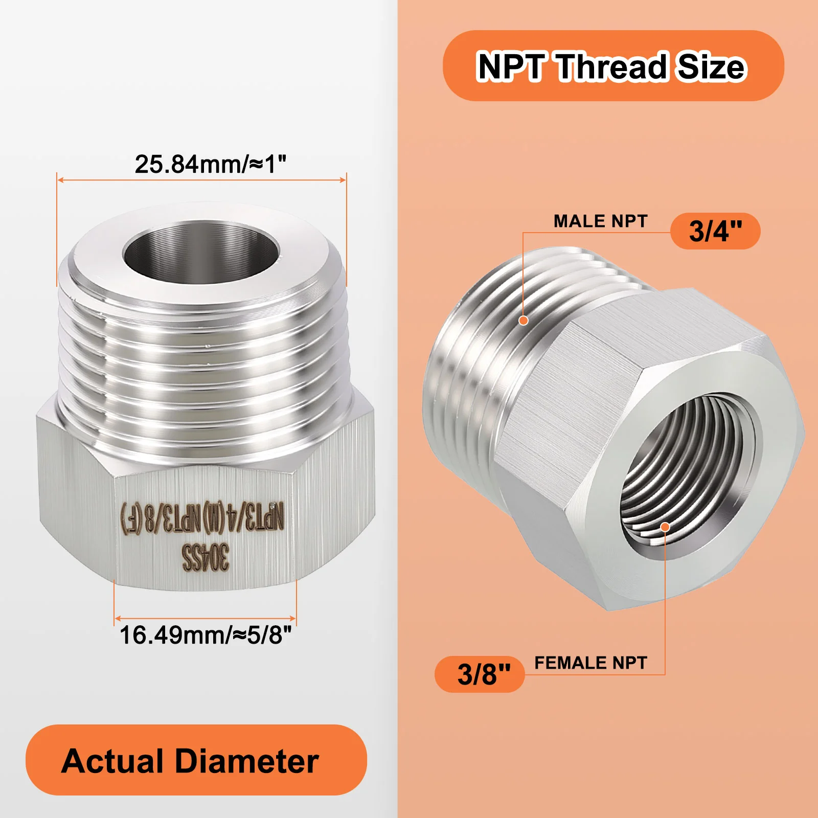 6 Pack 304 Stainless Male to FeMale Adapter, 3/4" Male NPT x 3/8" FeMale NPT - Image 2