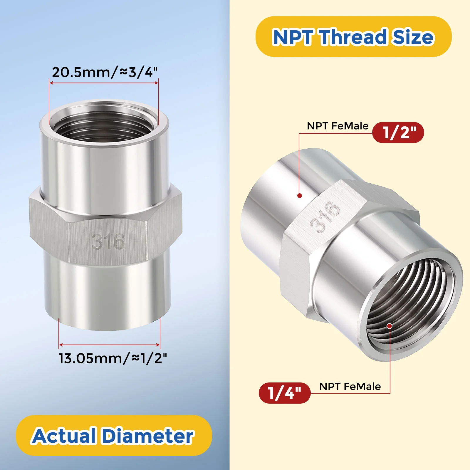 2 Pack Stainless Pipe Fitting, 1/2" FNPT to 1/4" FNPT Coupling W/ Sealing Tape - Image 2