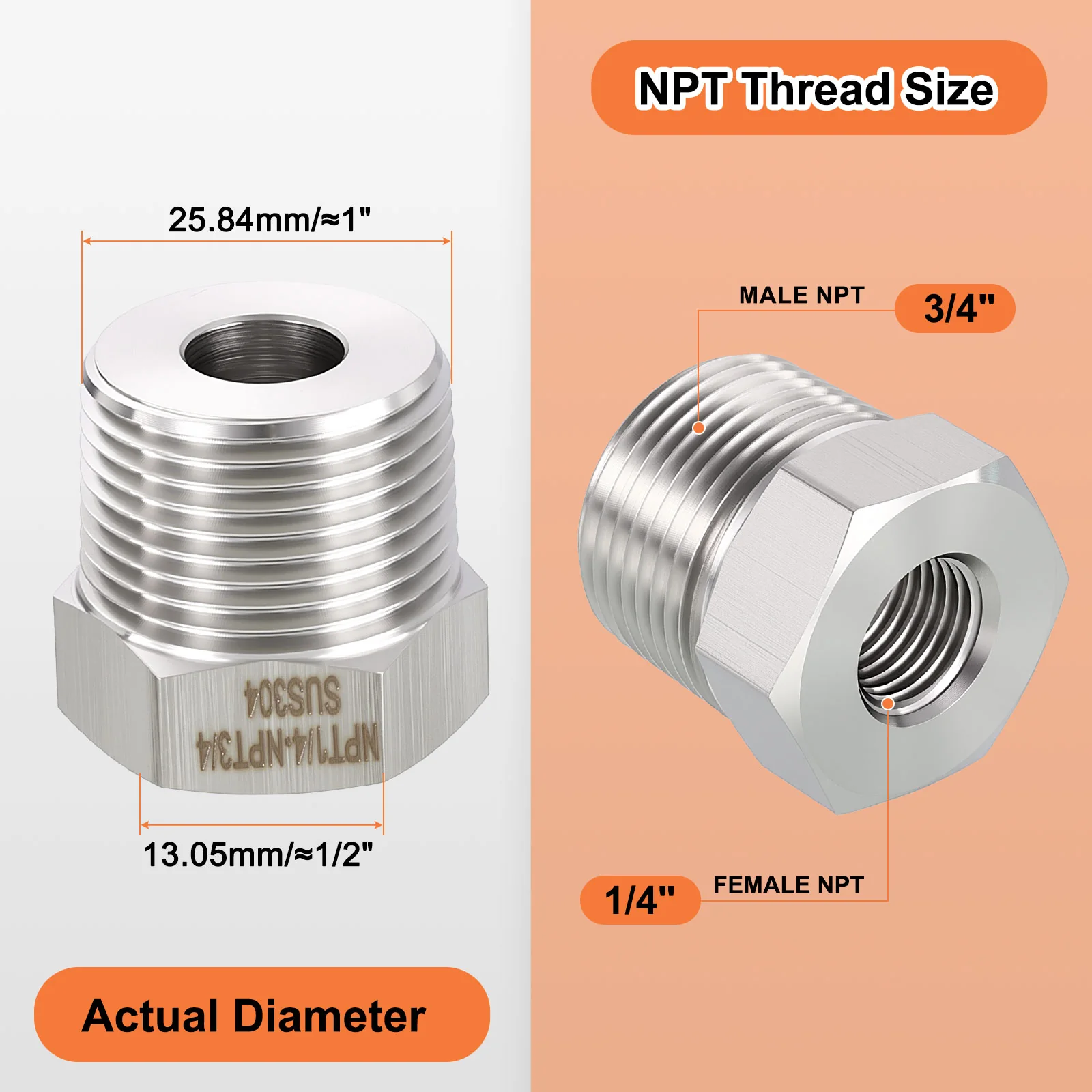 6 Pack 304 Stainless Male to FeMale Adapter, 3/4" Male NPT x 1/4" FeMale NPT - Image 2