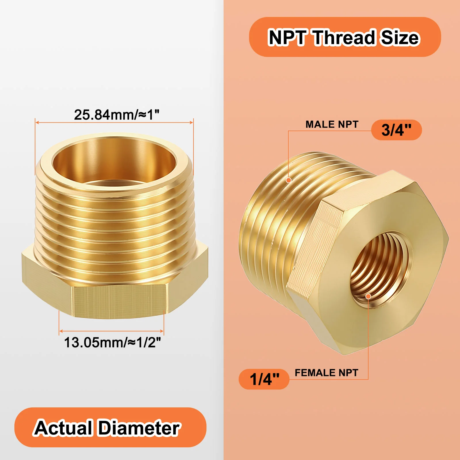 6 Pack Male to FeMale Adapters, 3/4" Male NPT x 1/4" FeMale NPT Hex Bushing - Image 2