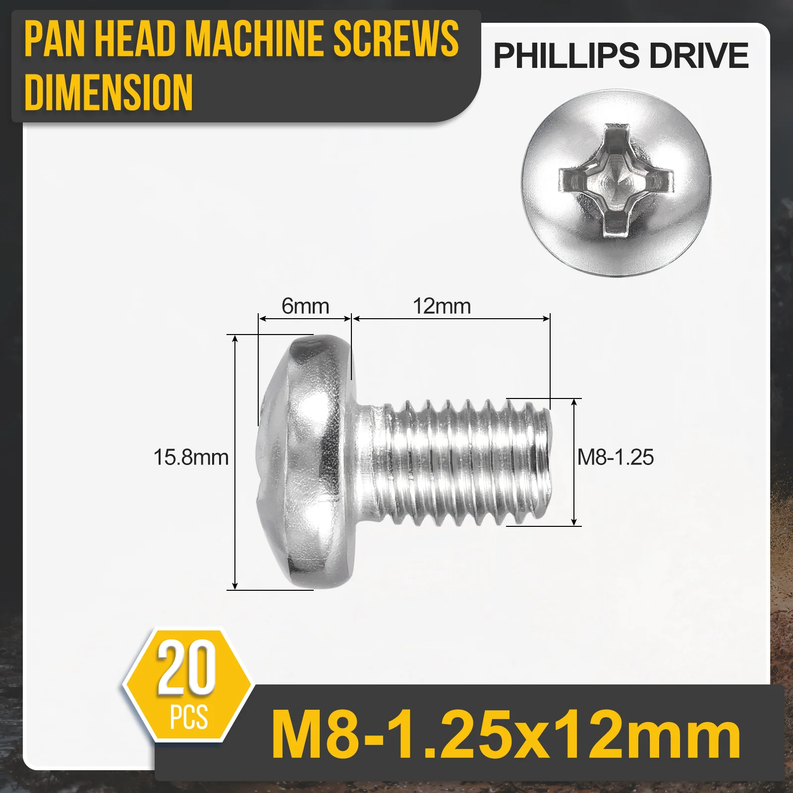 M8-1.25x12 Pan Head Machine Screws - 20pcs - 304 Stainless Steel -Silver - Image 2