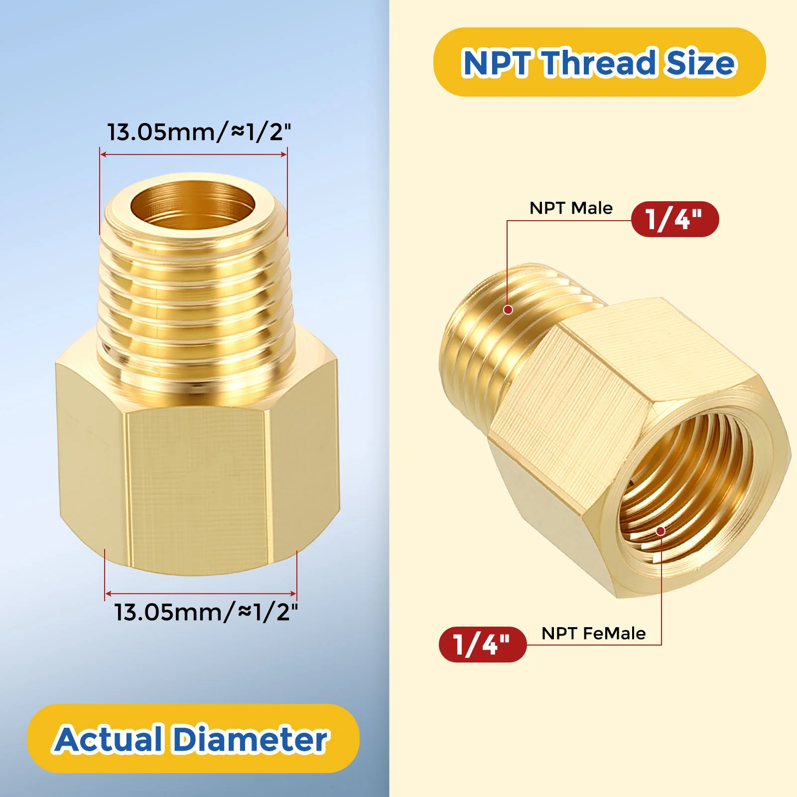 1 Pack Brass Pipe Fittings, 1/4" FeMale NPT to 1/4" Male NPT Reducer - Image 2