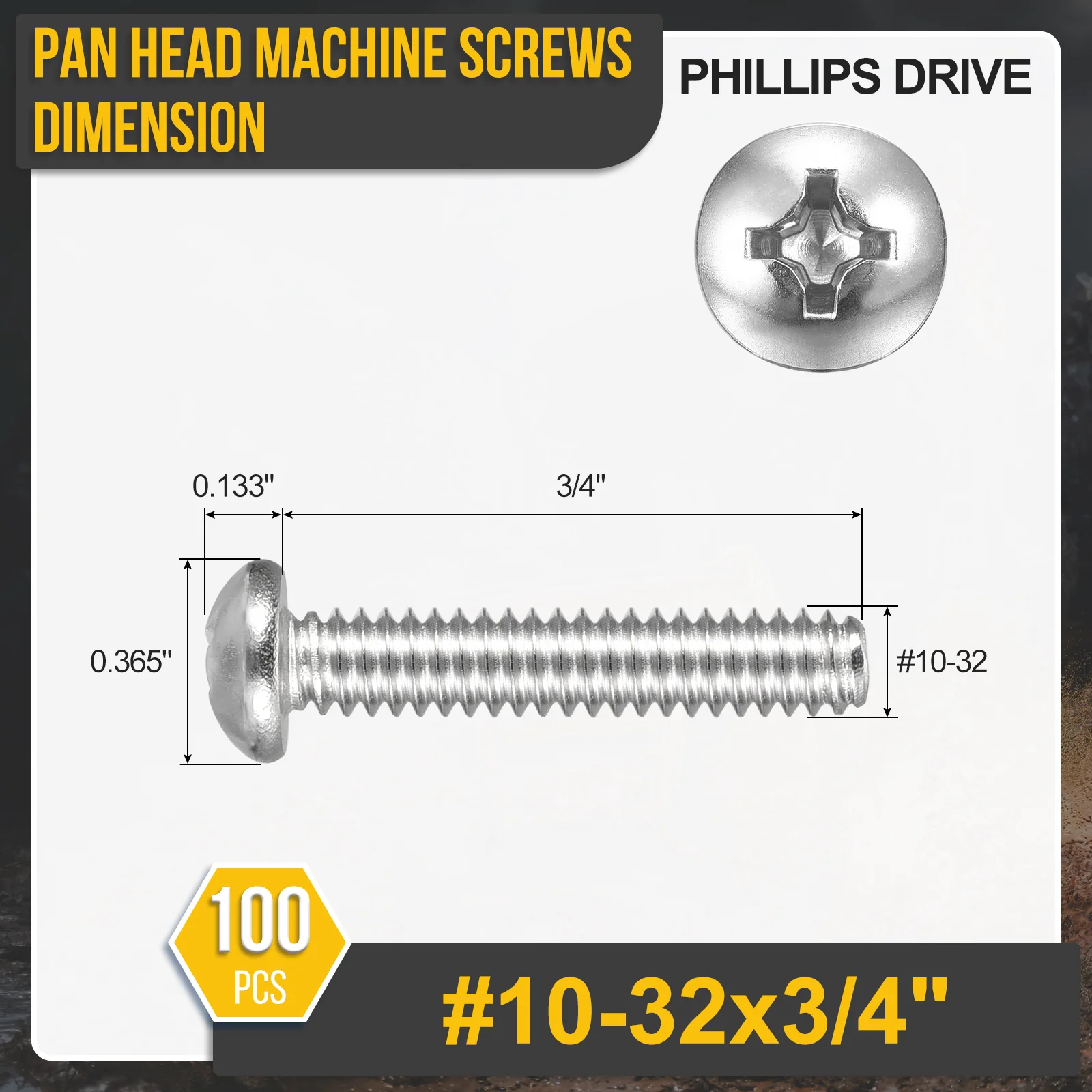#10-32x3/4" Pan Head Machine Screws - 100pcs - 304 Stainless Steel -Silver - Image 2