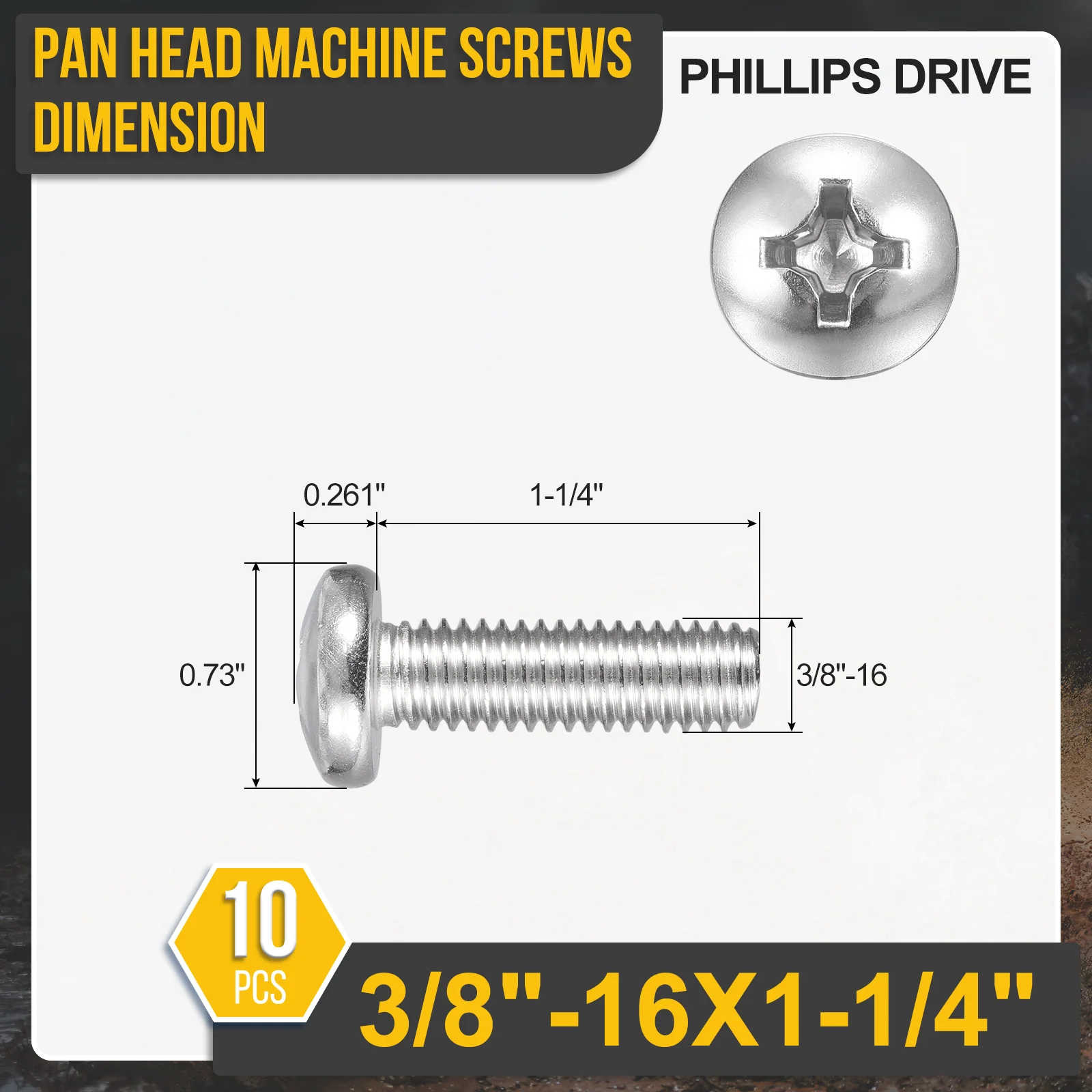 3/8"-16x1-1/4" Pan Head Machine Screws - 10pcs - 304 Stainless Steel -Silver - Image 2