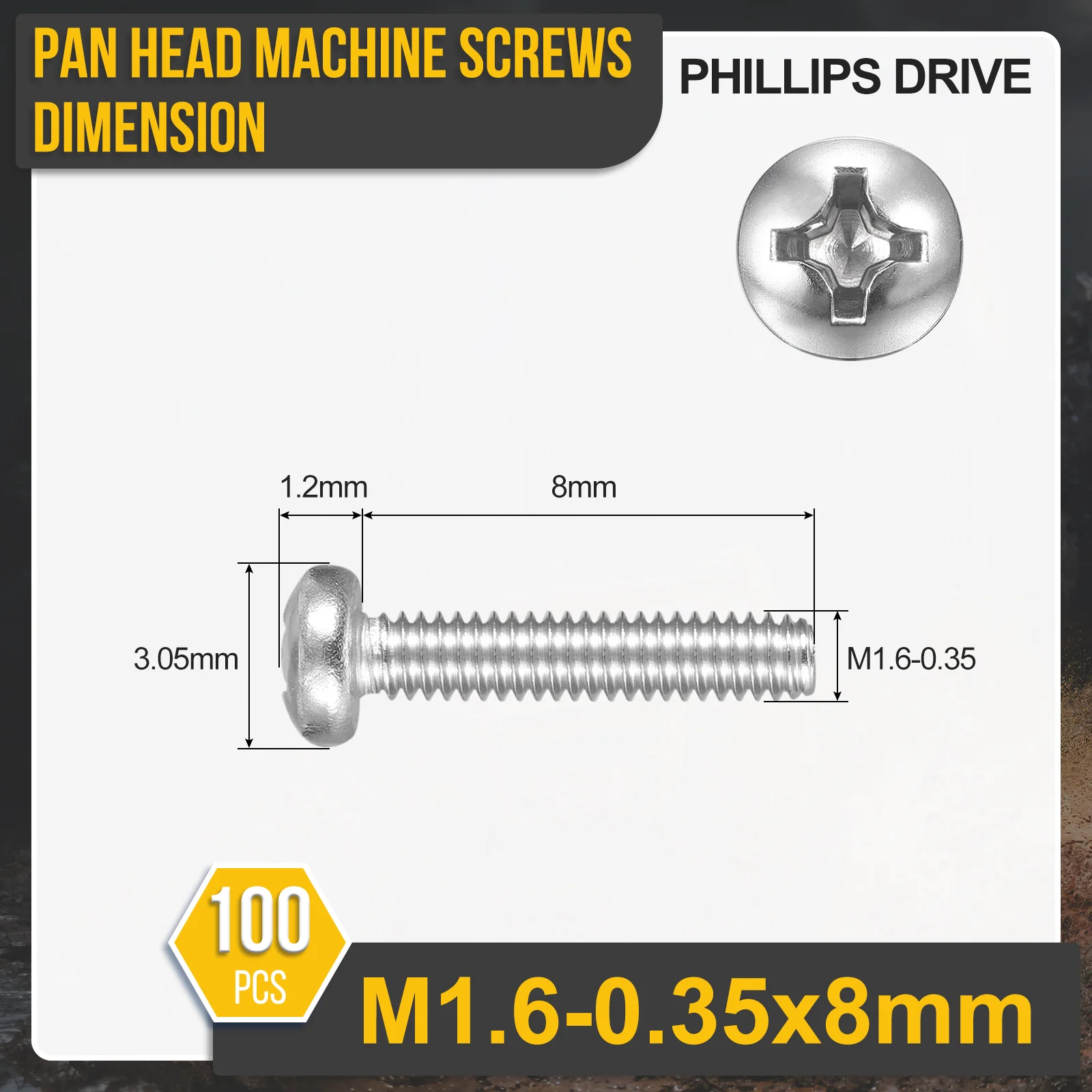 M1.6-0.35x8 Pan Head Machine Screws - 100pcs - 304 Stainless Steel -Silver - Image 2