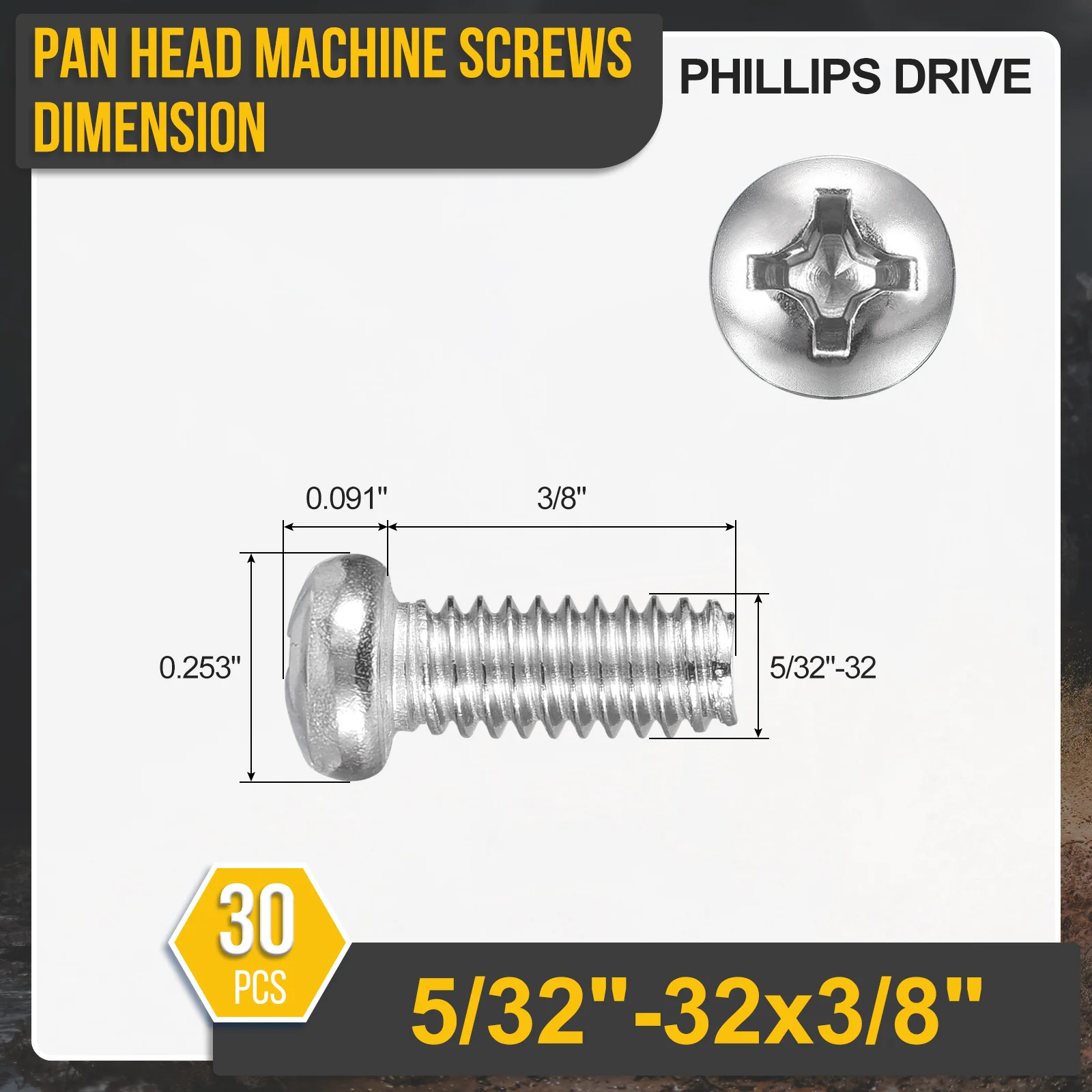 5/32"-32x3/8" Pan Head Machine Screws - 30pcs - 304 Stainless Steel -Silver - Image 2