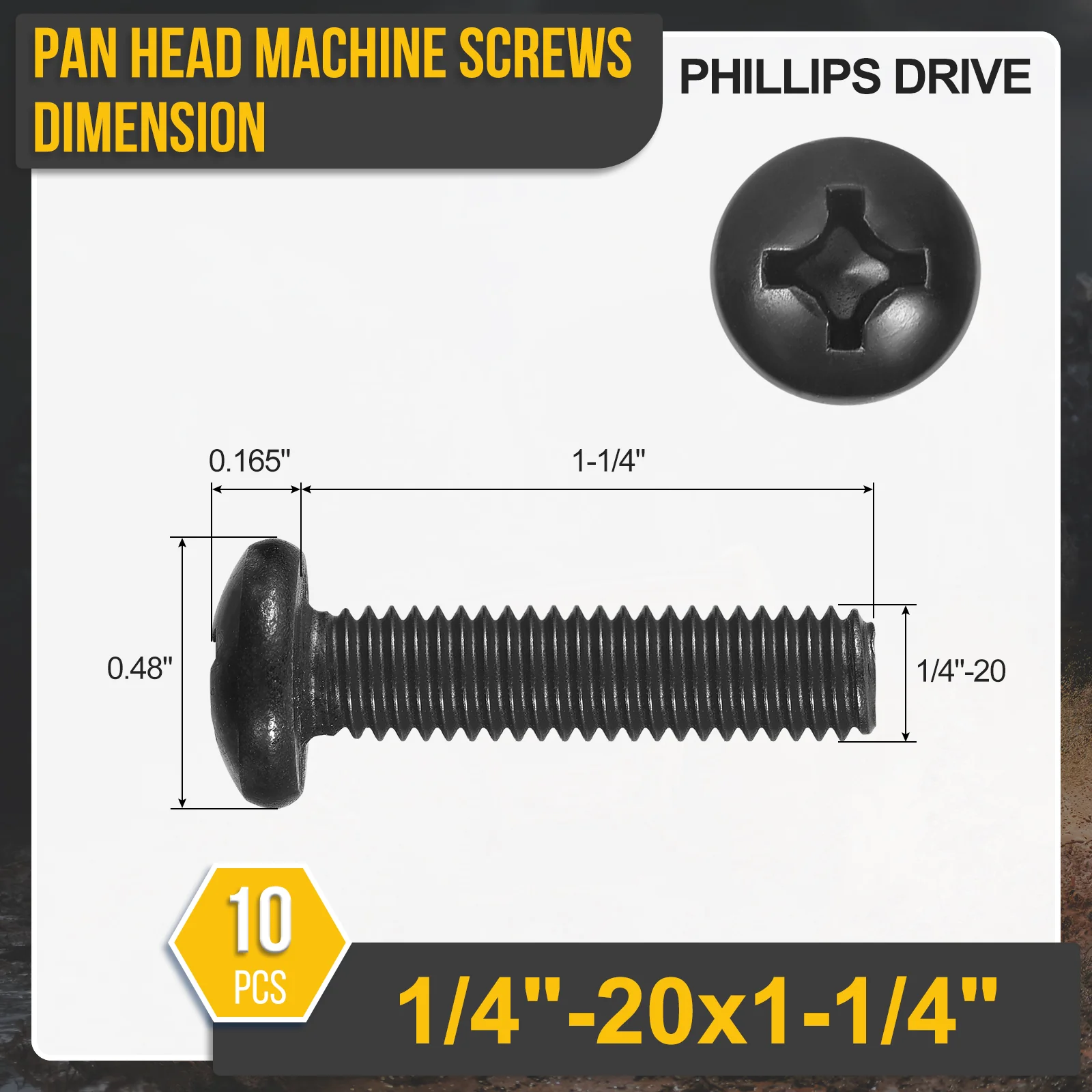 1/4"-20x1-1/4" Pan Head Machine Screws - 10pcs - 304 Stainless Steel -Black - Image 2