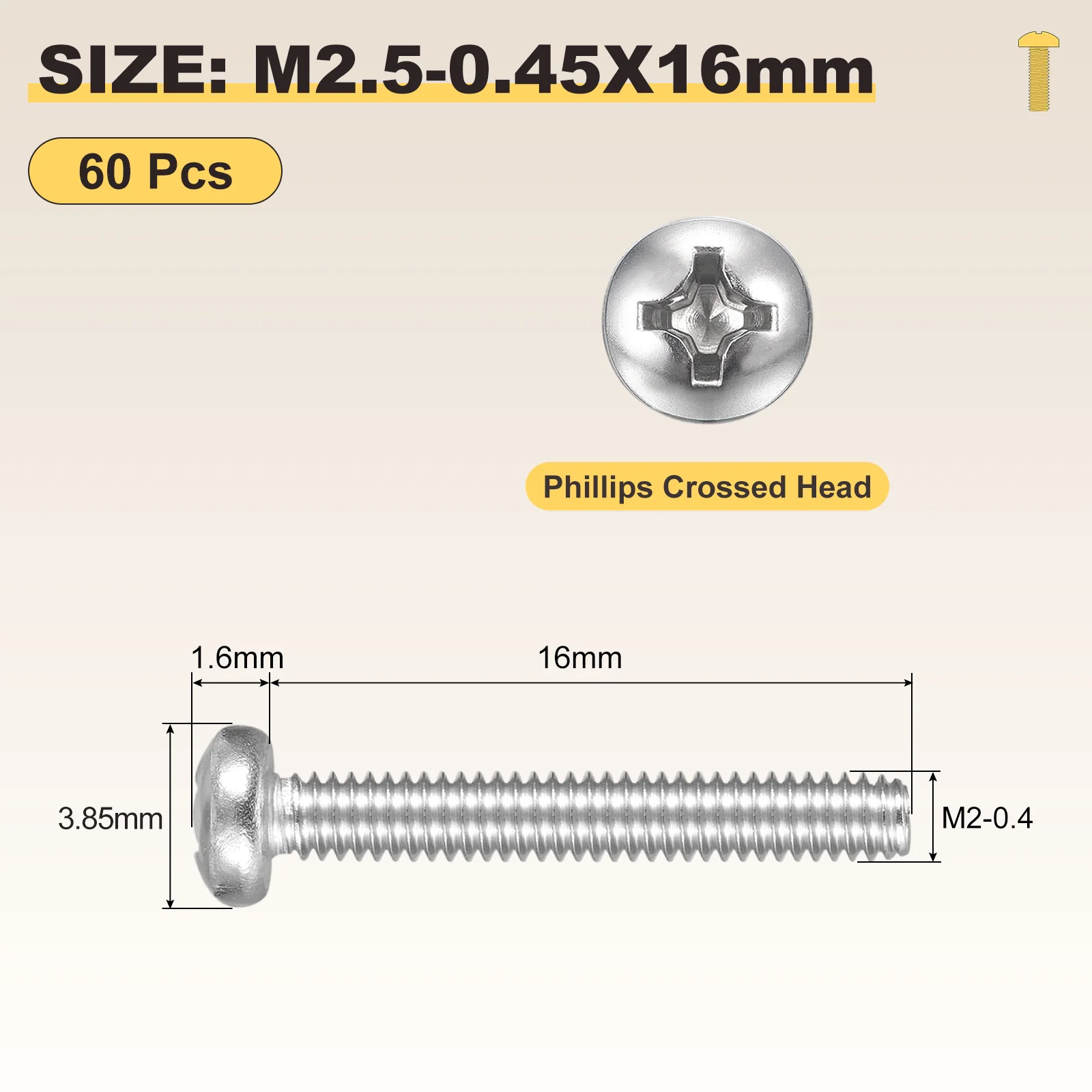 Cross Drive Pan Head Bolts M2.5-0.45x16 60Pcs Stainless Steel for DIY, Silver - Image 2