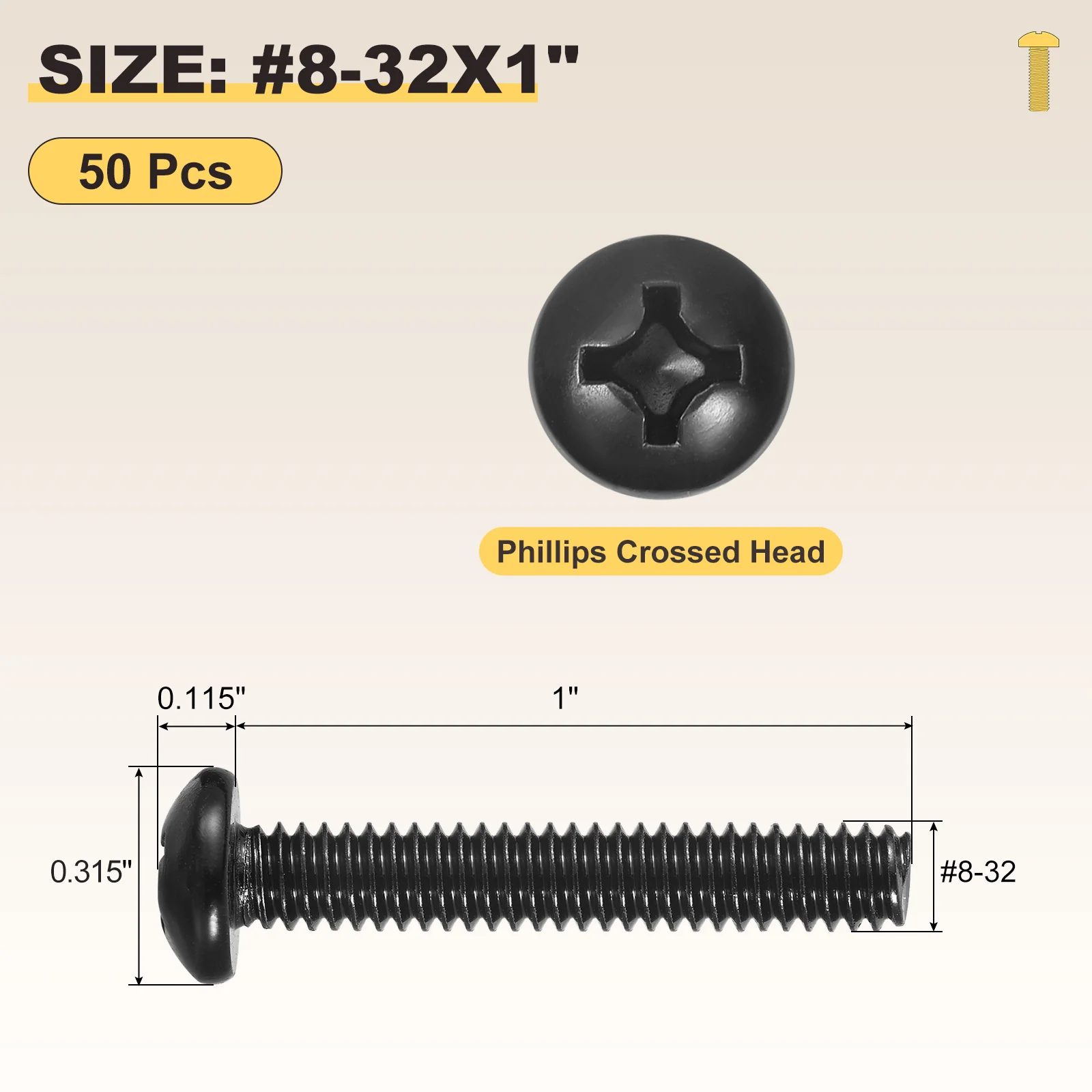 Phillips Pan Head Bolts #8-32x1" 50Pcs Carbon Steel for Door Window Black - Image 2