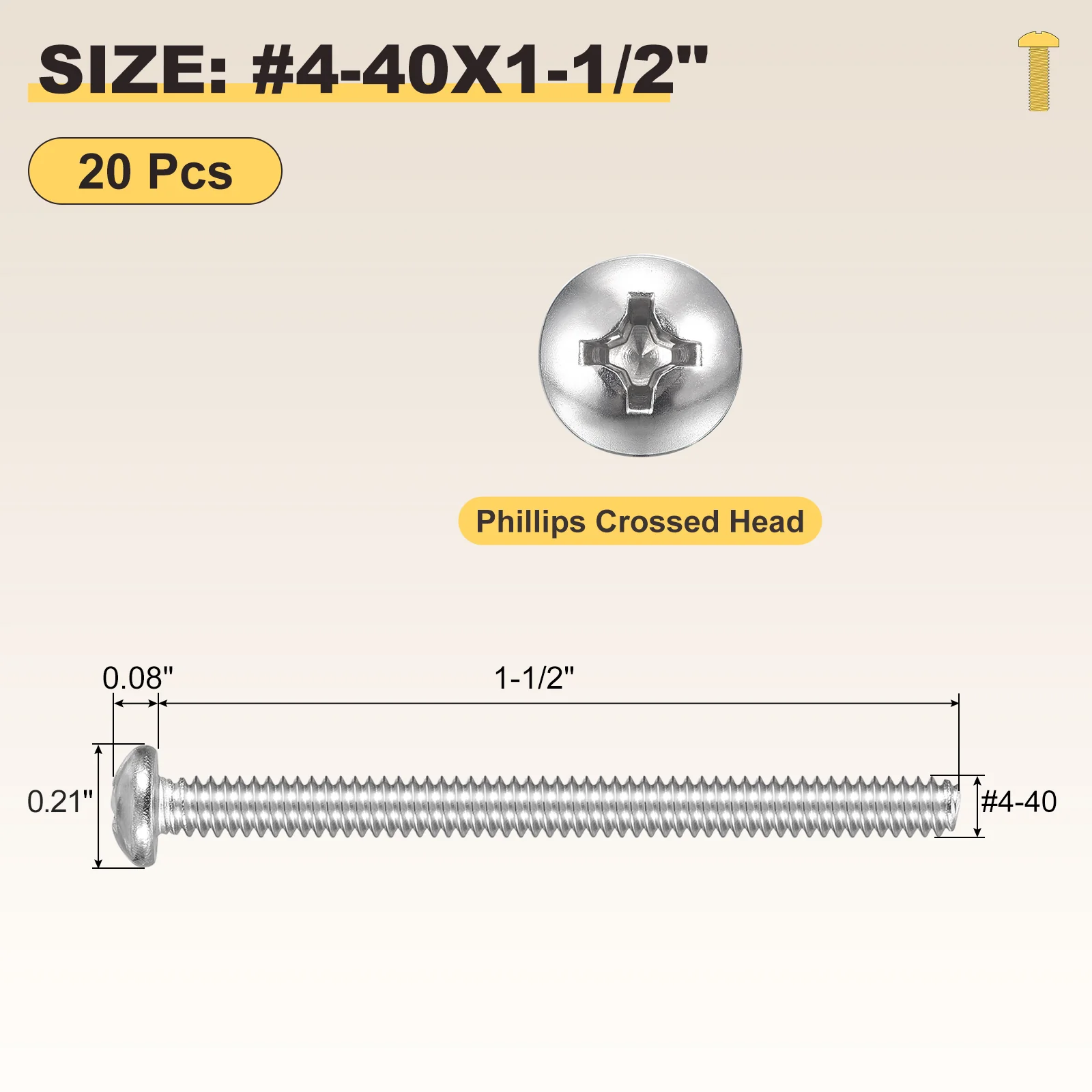 Cross Drive Pan Head Bolts #4-40x1-1/2" 20Pcs Stainless Steel for DIY, Silver - Image 2