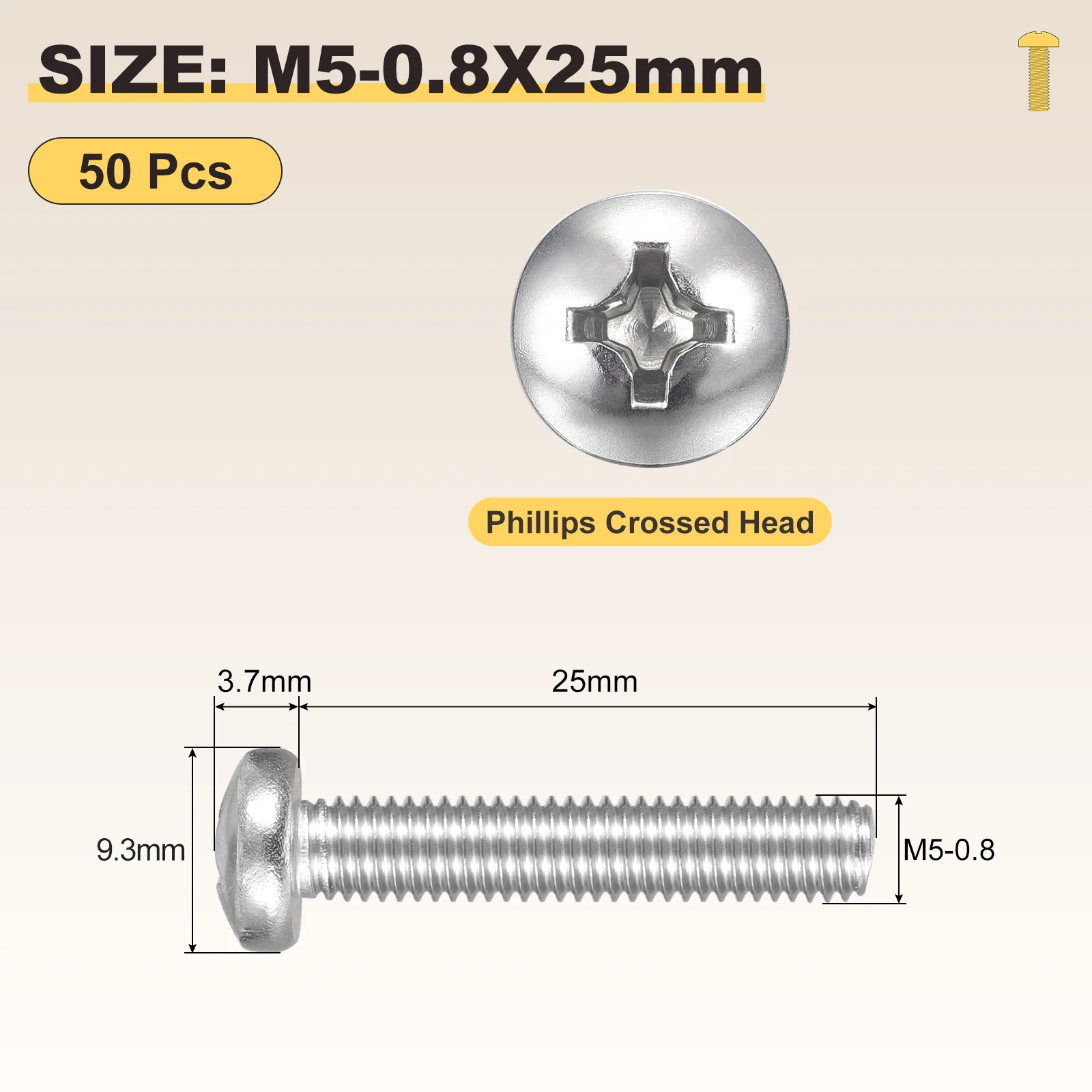 Cross Drive Pan Head Bolts M5-0.8x25 50Pcs Stainless Steel for DIY, Silver - Image 2