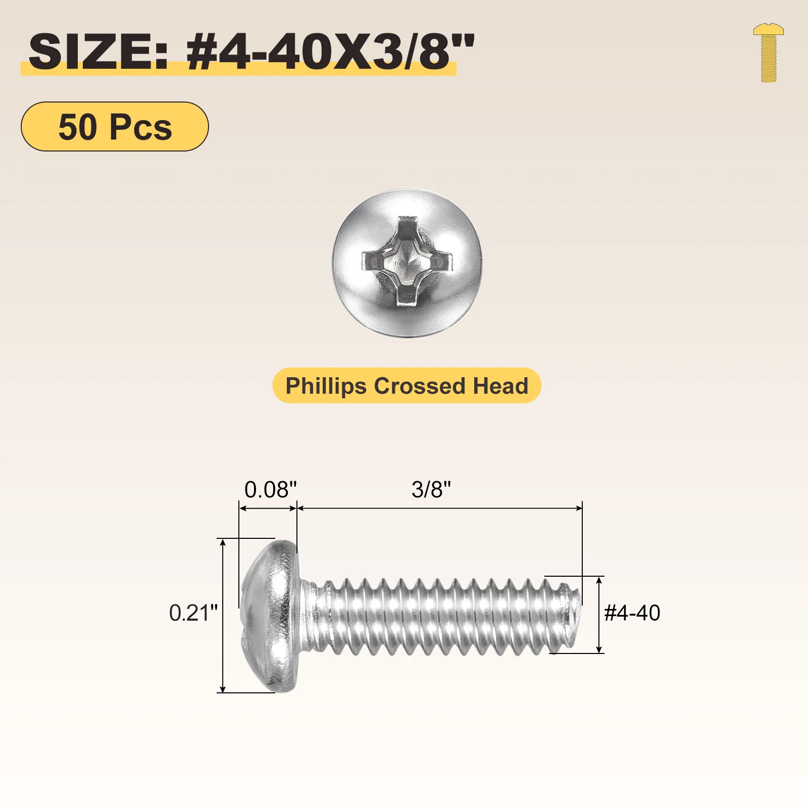Cross Drive Pan Head Bolts #4-40x3/8" 50Pcs Stainless Steel for DIY, Silver - Image 2