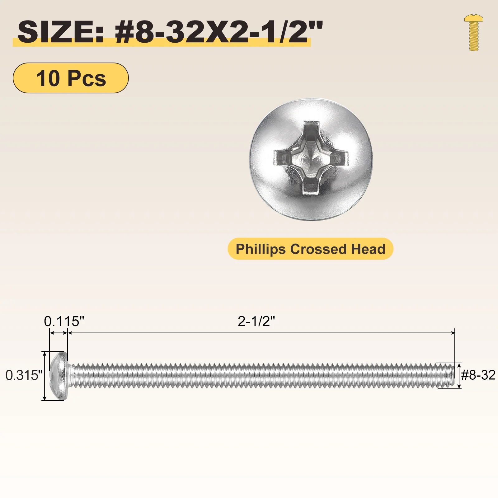 Cross Drive Pan Head Bolts #8-32x2-1/2" 10Pcs Stainless Steel for DIY, Silver - Image 2