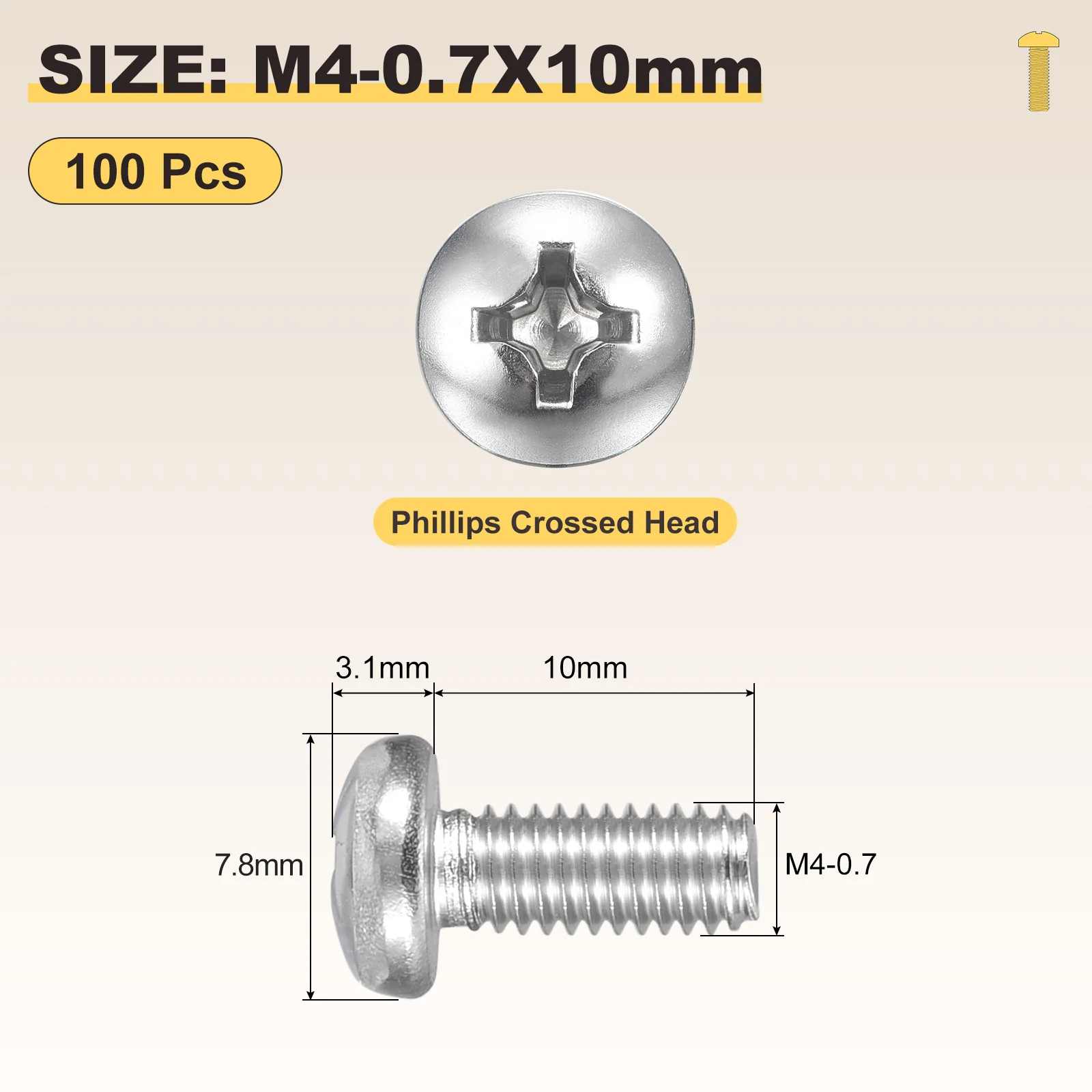 Cross Drive Pan Head Bolts M4-0.7x10 100Pcs Stainless Steel for DIY, Silver - Image 2
