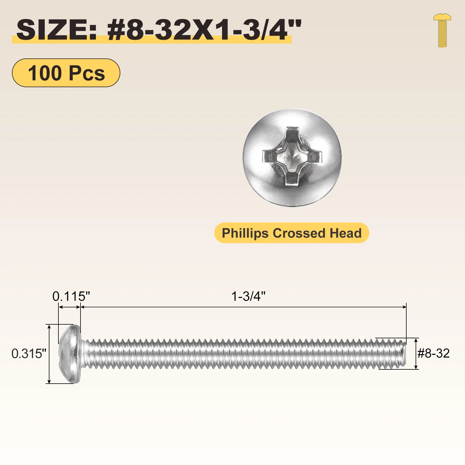 Cross Drive Pan Head Bolts #8-32x1-3/4" 100Pcs Stainless Steel for DIY, Silver - Image 2
