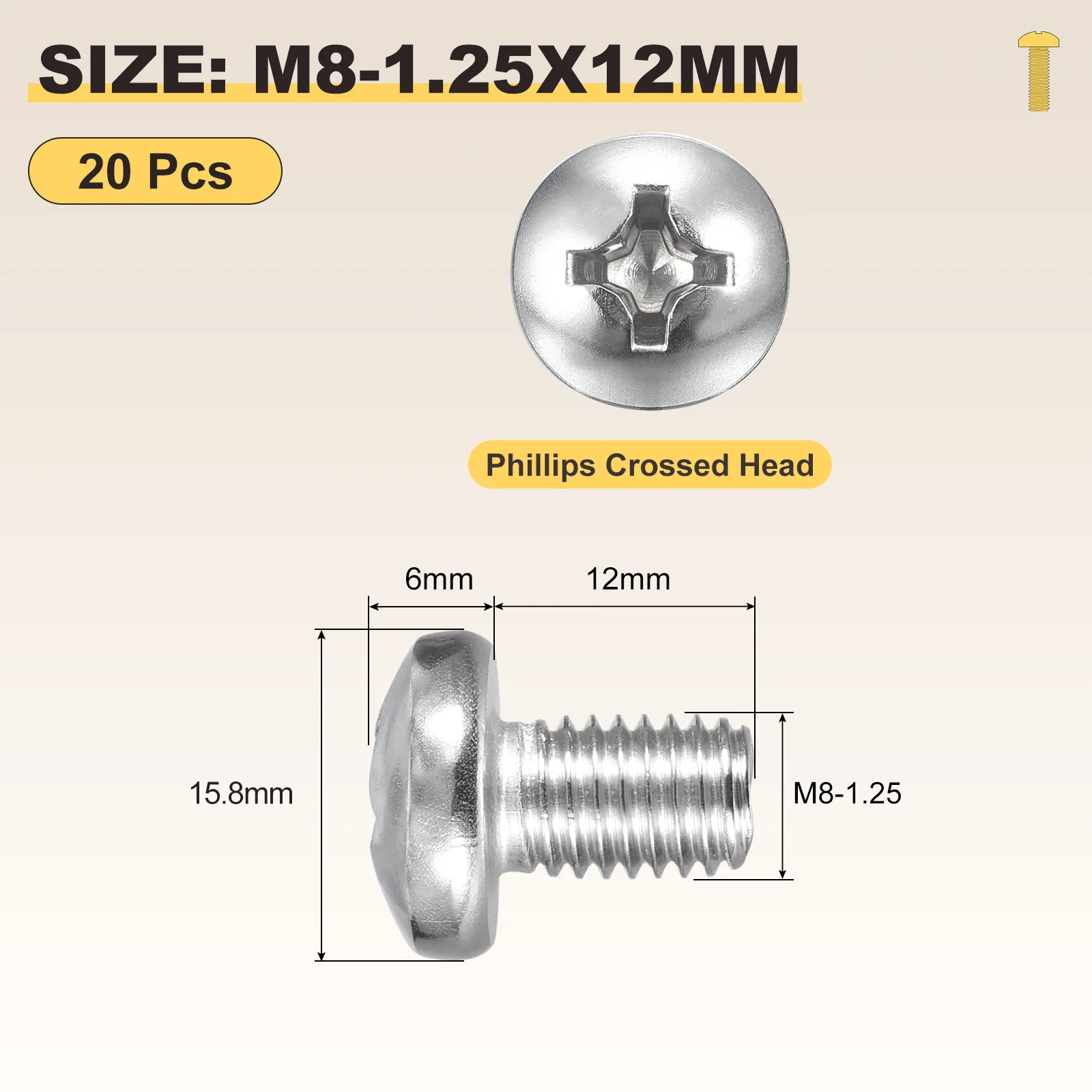 Cross Drive Pan Head Bolts M8-1.25x12 20Pcs Stainless Steel for DIY, Silver - Image 2