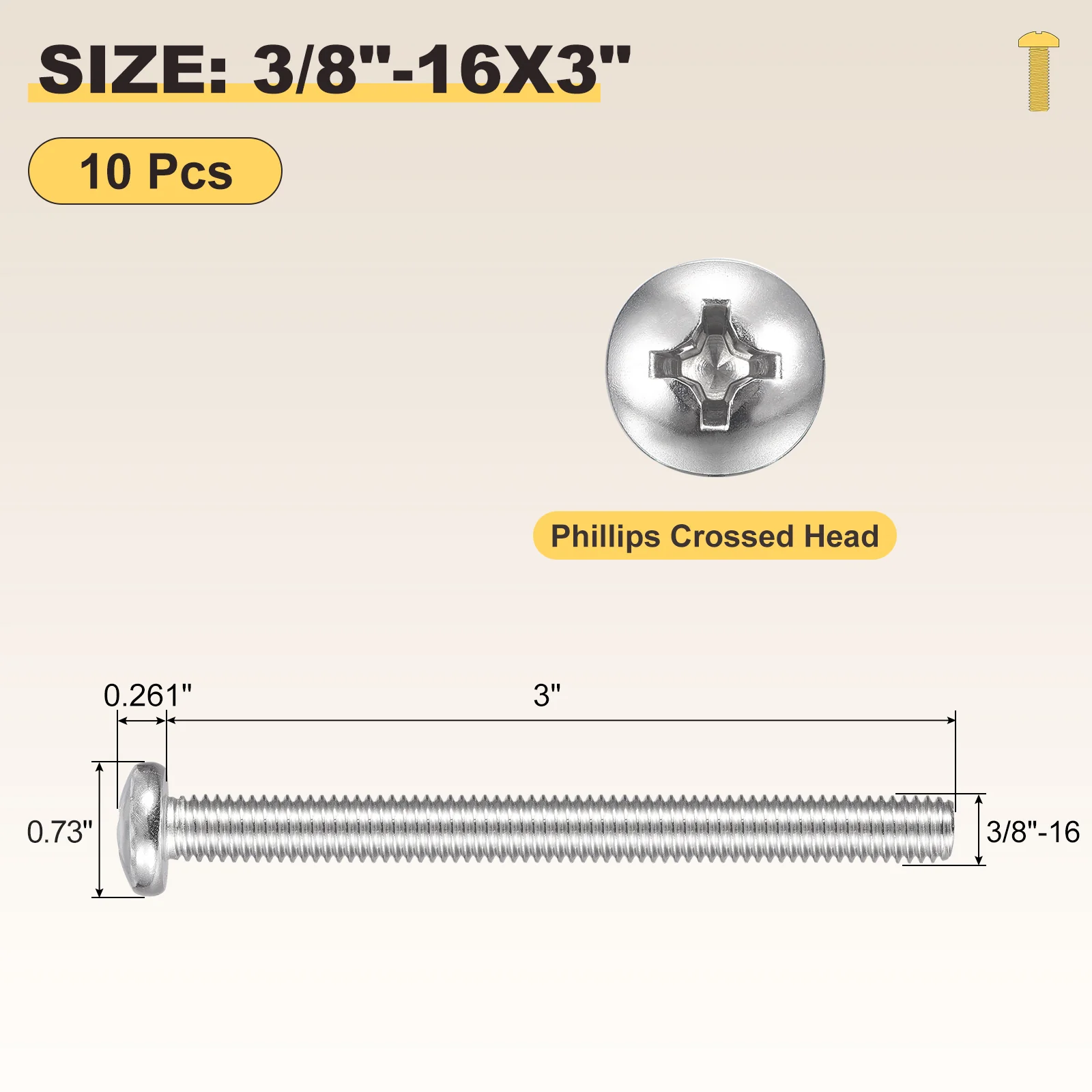 Cross Drive Pan Head Bolts 3/8"-16x3" 10Pcs Stainless Steel for DIY, Silver - Image 2