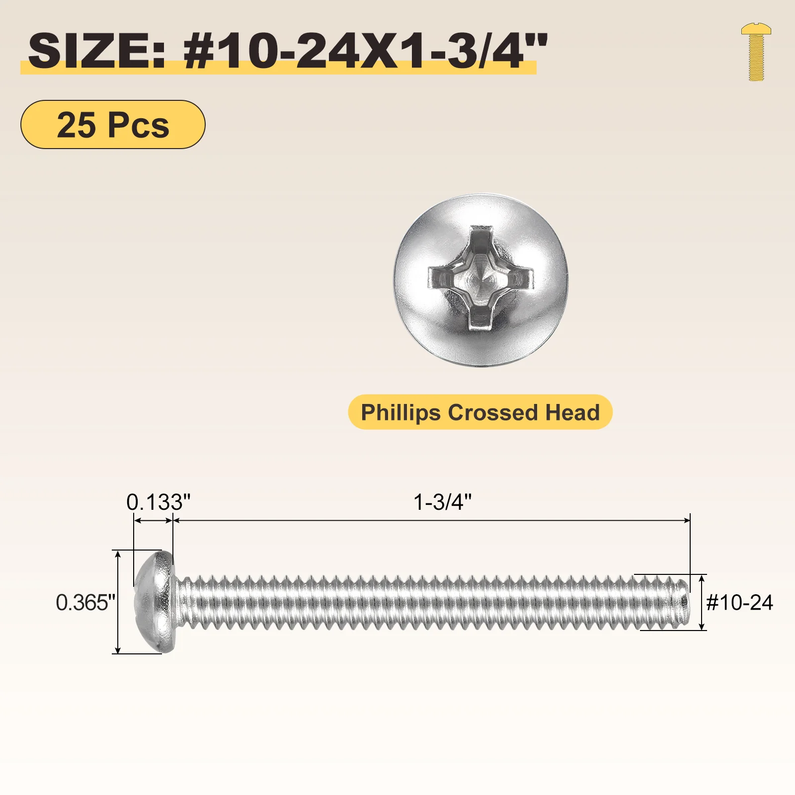 Cross Drive Pan Head Bolts #10-24x1-3/4" 25Pcs Stainless Steel for DIY, Silver - Image 2