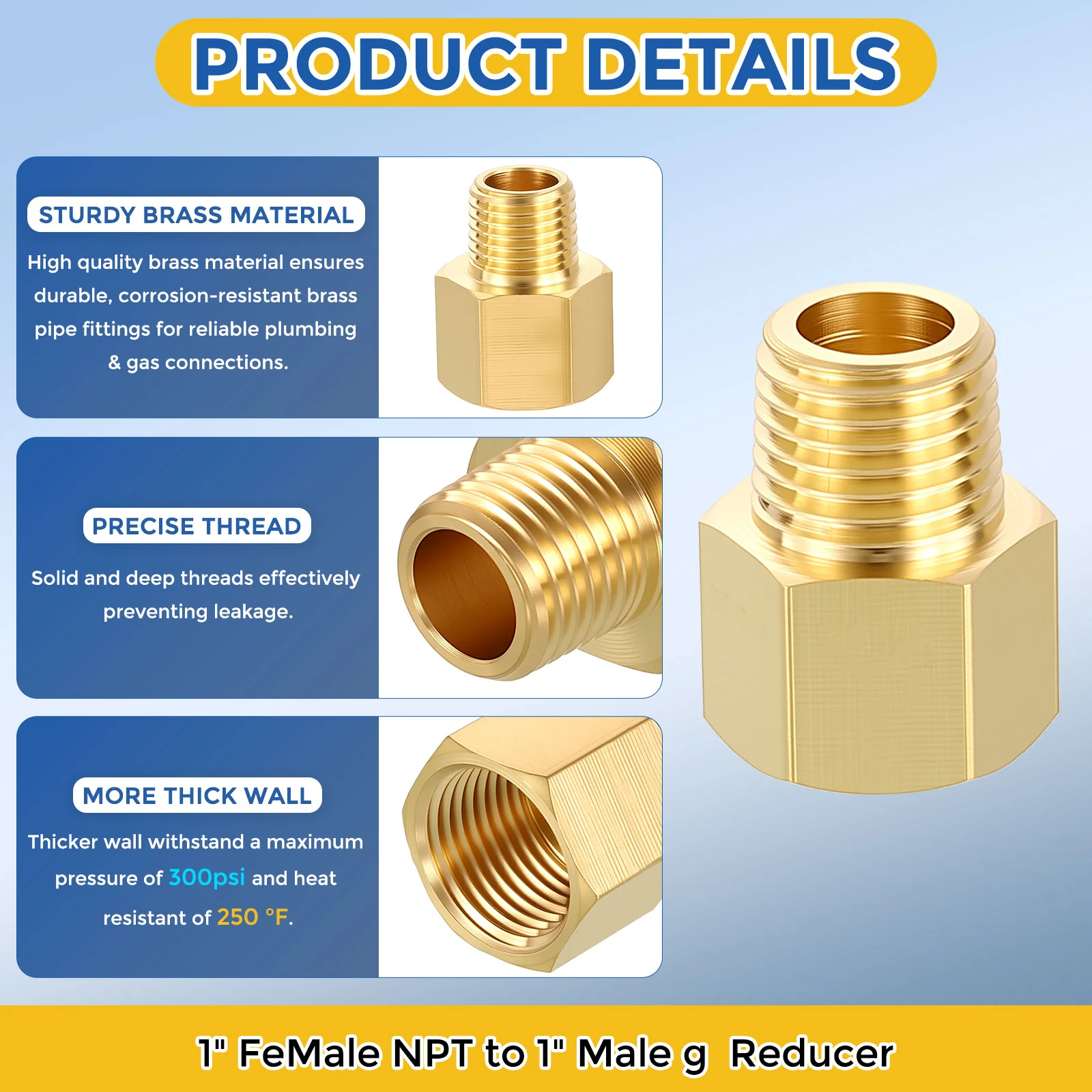 1 Pack Brass Pipe Fittings, 1" FeMale NPT to 1" Male G Reducer - Image 4