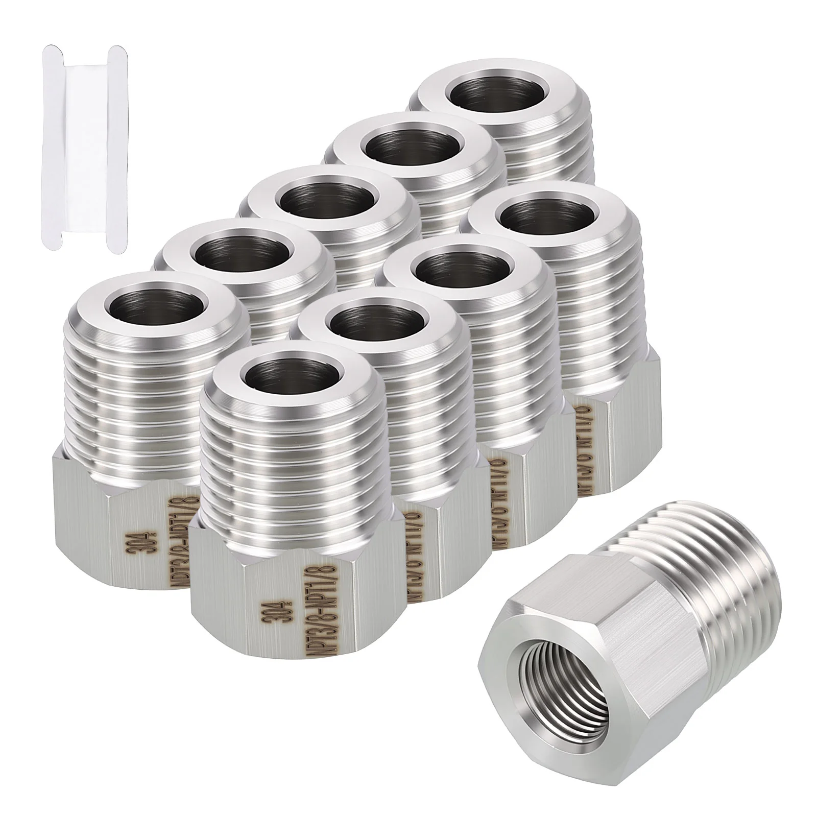 10 Pack 304 Stainless Male to FeMale Adapter, 3/8" Male NPT x 1/8" FNPT W/Tapes