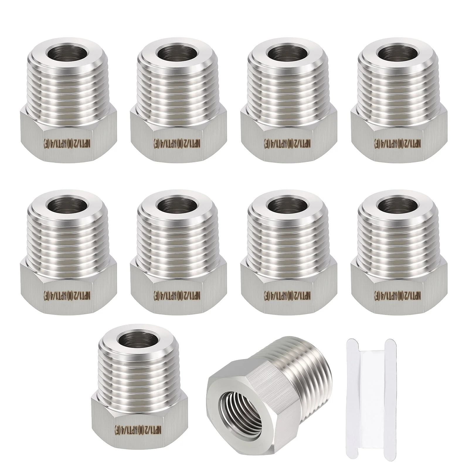 10 Packs 304 Stainless Pipe Fitting,1/2" MNPT x 1/4" FNPT Reducer W/Sealing Tape