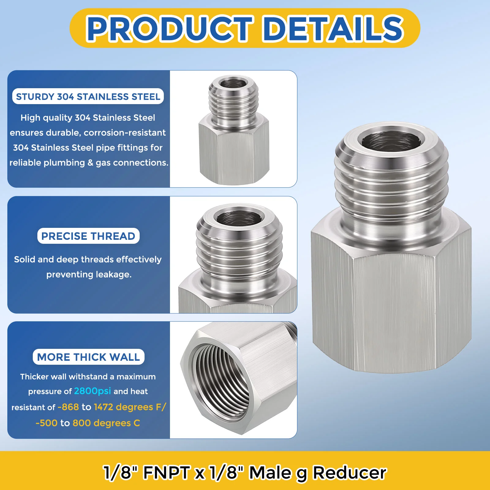 5Pack 304 Stainless Pipe Fitting, 1/8" FNPT x 1/8" Male G Reducer W/Sealing Tape - Image 4