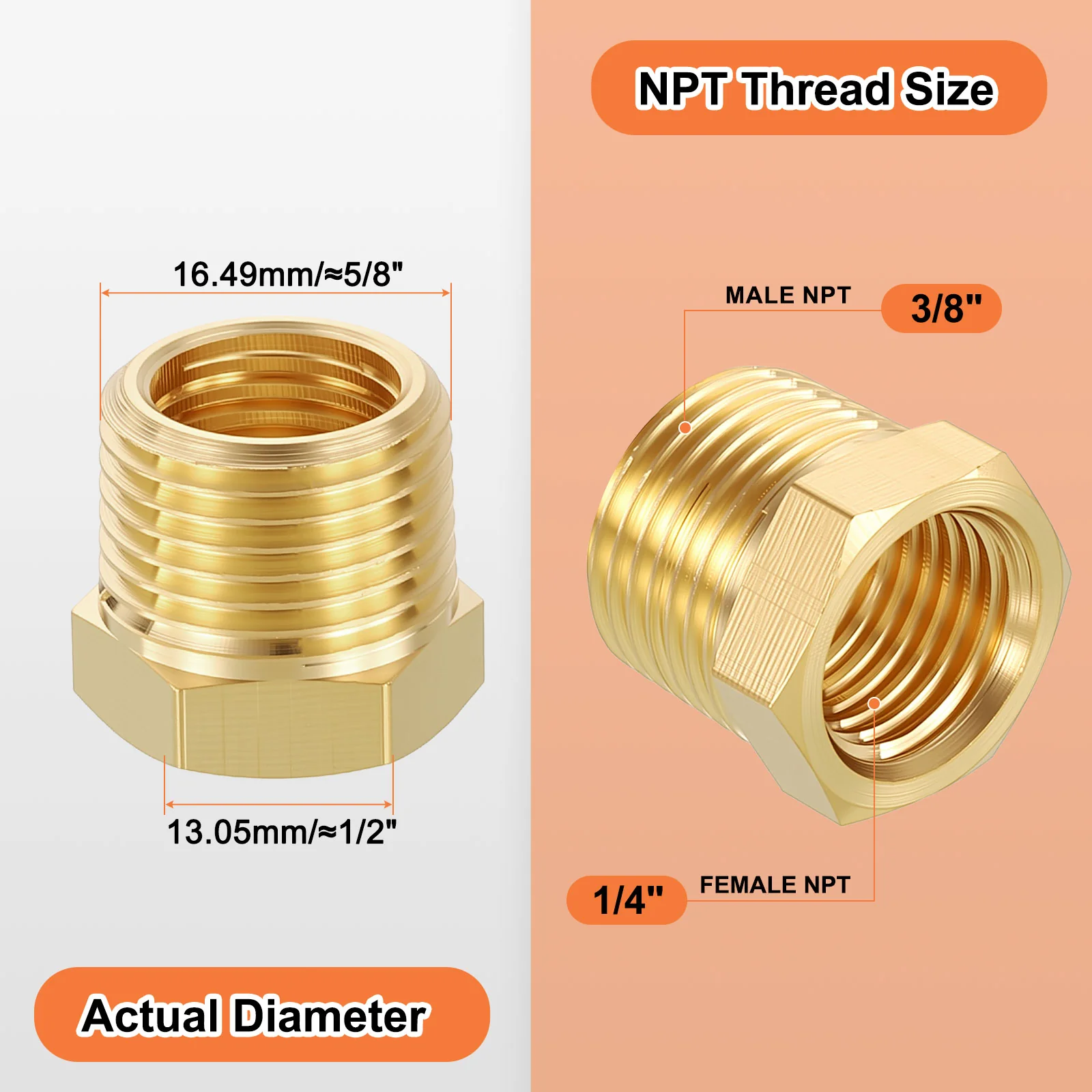 1 Pack Male to FeMale Adapters, 3/8" Male NPT x 1/4" FeMale NPT Hex Bushing - Image 2