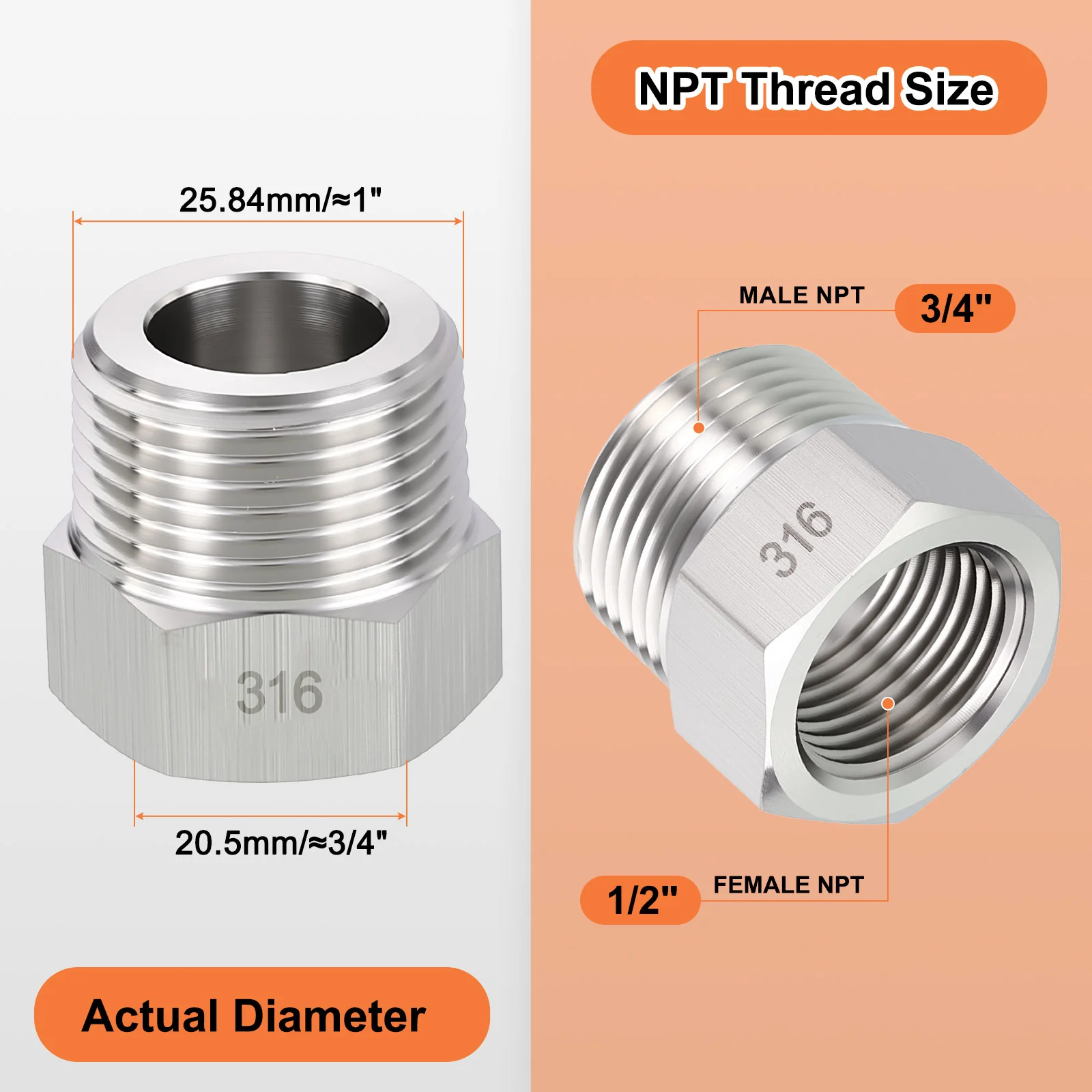 5Packs Stainless Male to FeMale Adapters,3/4"MNPT x 1/2"FNPT Hex Bushing W/Tapes - Image 2