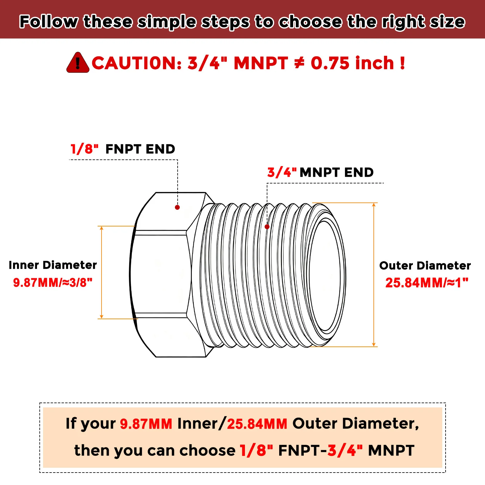 Packs of 1, 3/4"Male NPT to 1/8"FeMale NPT Stainless Steel Hose Adapters Bushing - Image 2